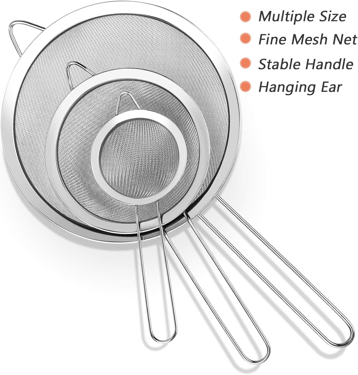 3Pcs Super Wire Extra Fine Mesh Strainer with Handle, Small Medium Large Size Sifter Metal Strainer Set, Stainless Steel Sieve Fine Mesh Strainers for Kitchen Rice Juice Quinoa Food Flour Baking