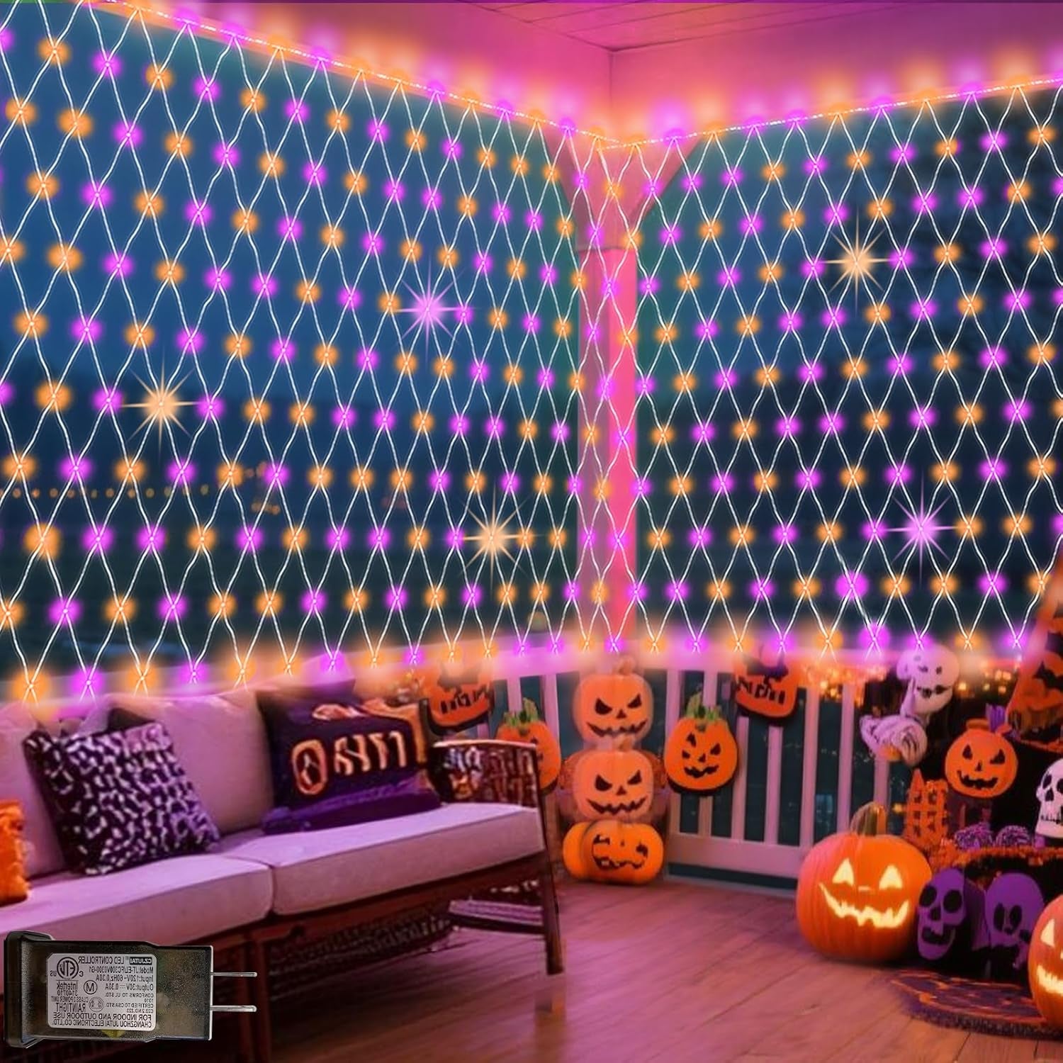 Halloween Net Lights Outdoor Decoration, 14.8X4.9 Ft 300LED Orange Purple Halloween Lights 8 Modes Connectable Twinkle Fairy Mesh Light for Bushes Tree Party Yard Garden Decoration