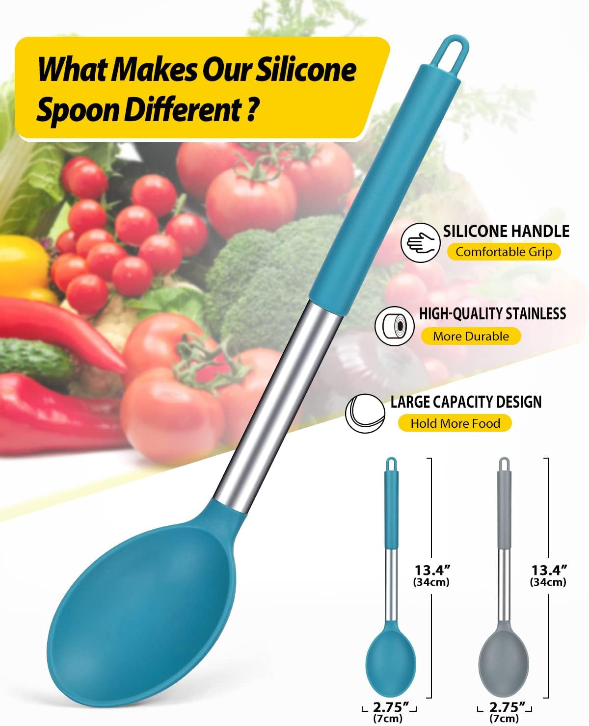 Pack of 2 Large Silicone Cooking Spoon Non Stick Solid Basting Spoons Heat-Resistant Kitchen Utensils for Mixing Serving (Gray-Blue)