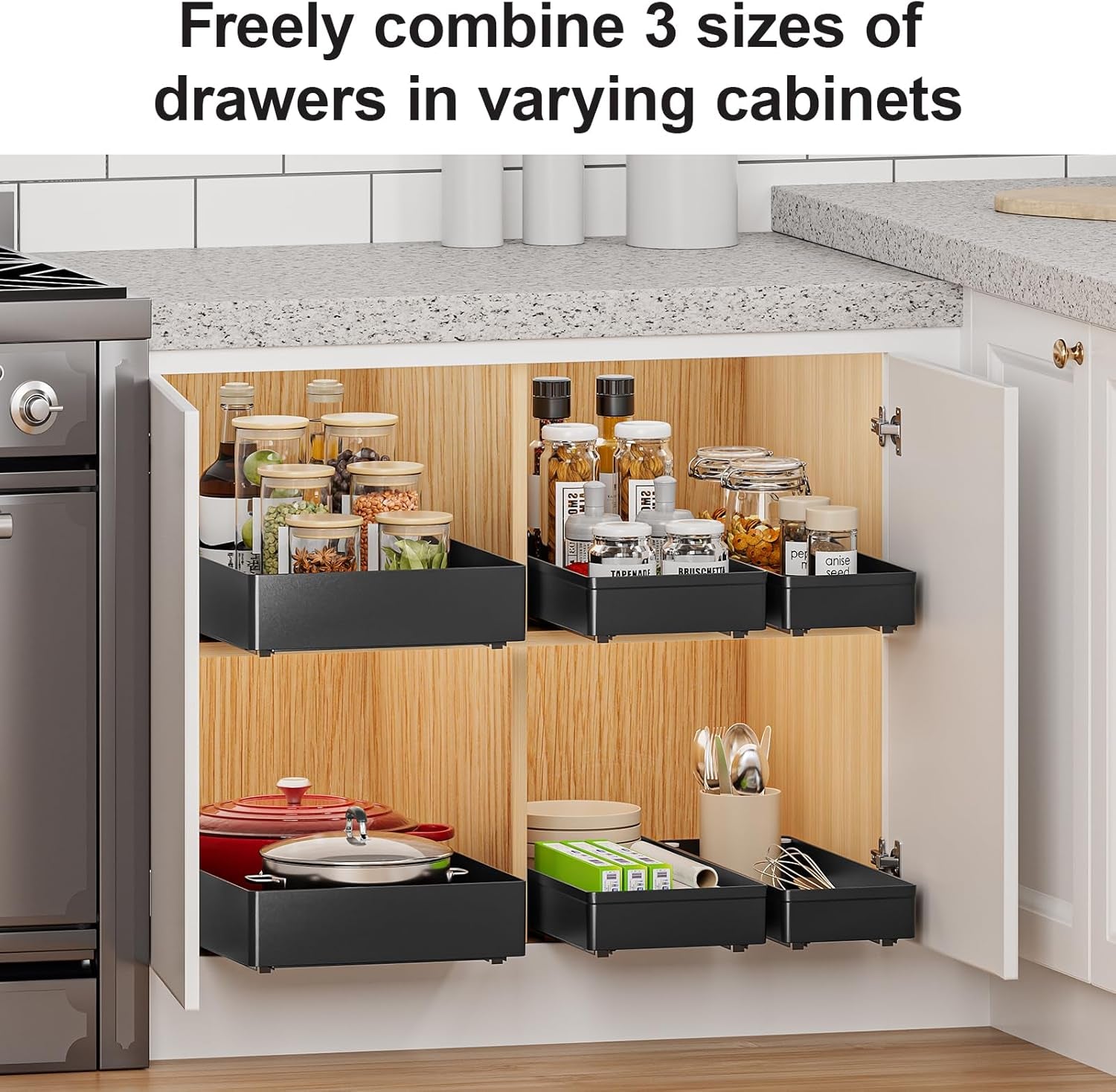 3 Pack Pull Out Cabinet Organizer, 15.7" Deep Pull Out Drawers for Cabinets, Slide Out Drawers for Kitchen Cabinets, Bathroom Cabinet Organizer, Pantry (Black)