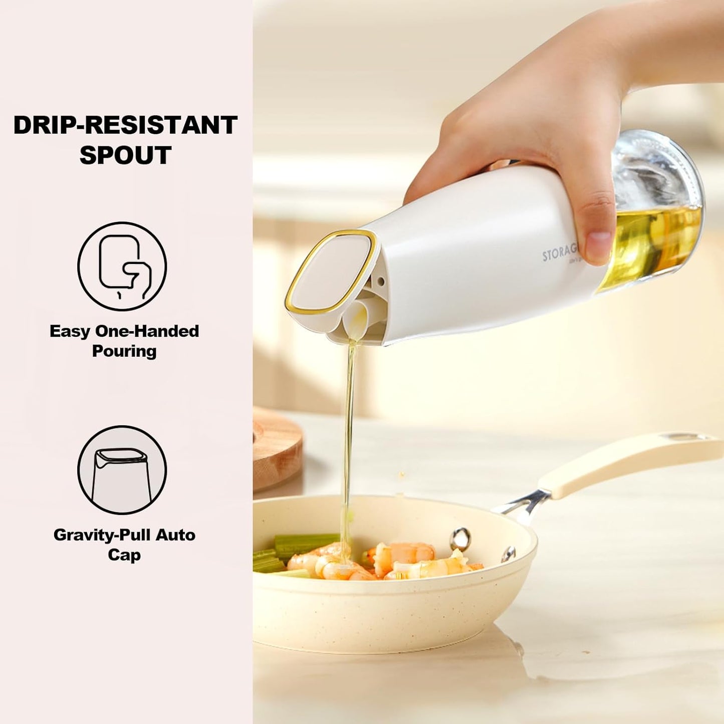 Large Capacity Olive Oil Dispenser - 500ml / 17oz Glass Vinegar Drizzler - Leak-Proof Non-Drip Soy Sauce Pourer with Labels (White)