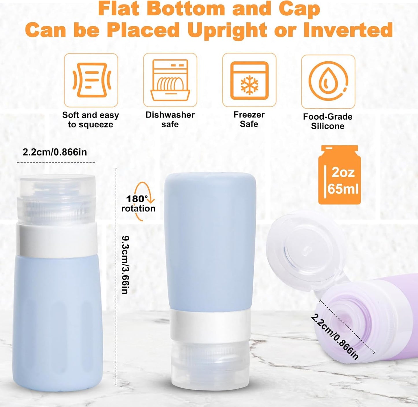 Salad Dressing Container to Go, 4 Pack Condiment Squeeze Bottles for Sauces, Mini Silicone Liquids Containers for Bento Lunch Box, Travel Bottles for Toiletries Refillable with 2 Extra Caps+Brush, 2Oz