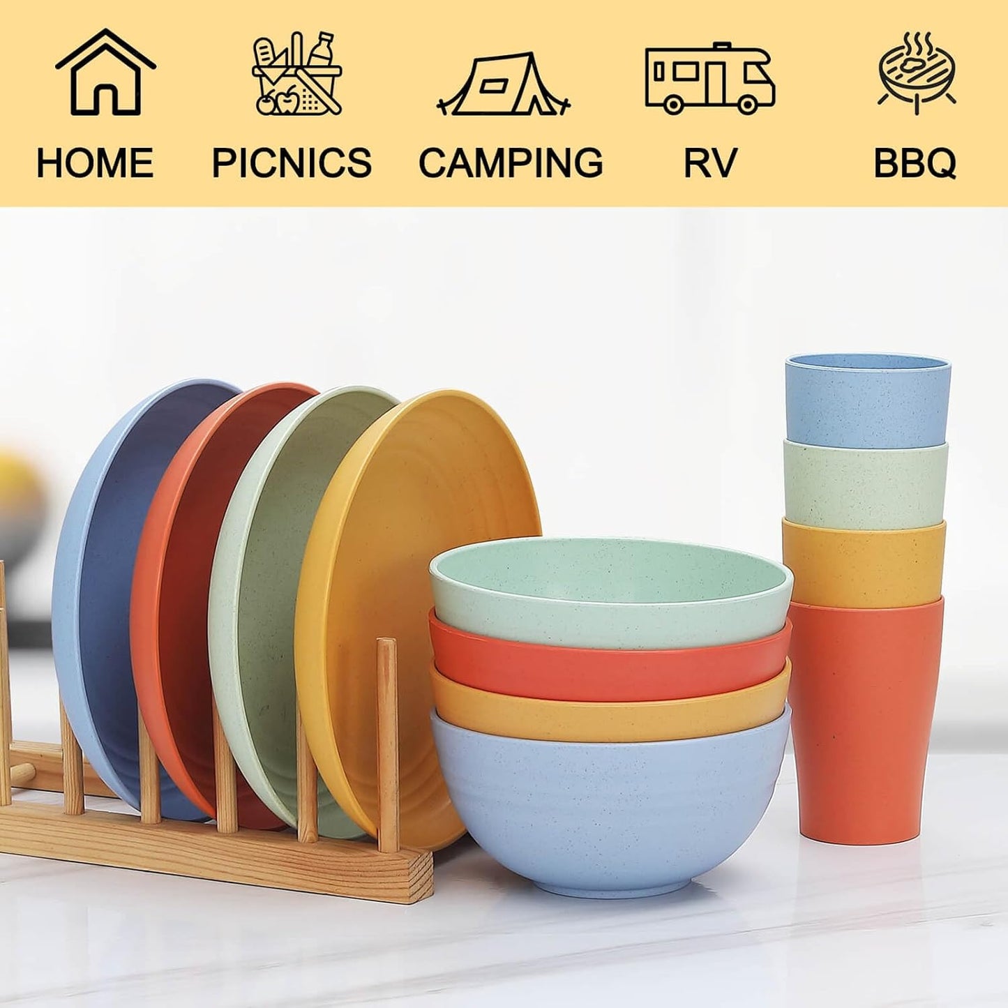 12-Piece Kids' Wheat Straw Dinnerware Set, Microwave-Safe Plates and Bowls for 4 (Black)