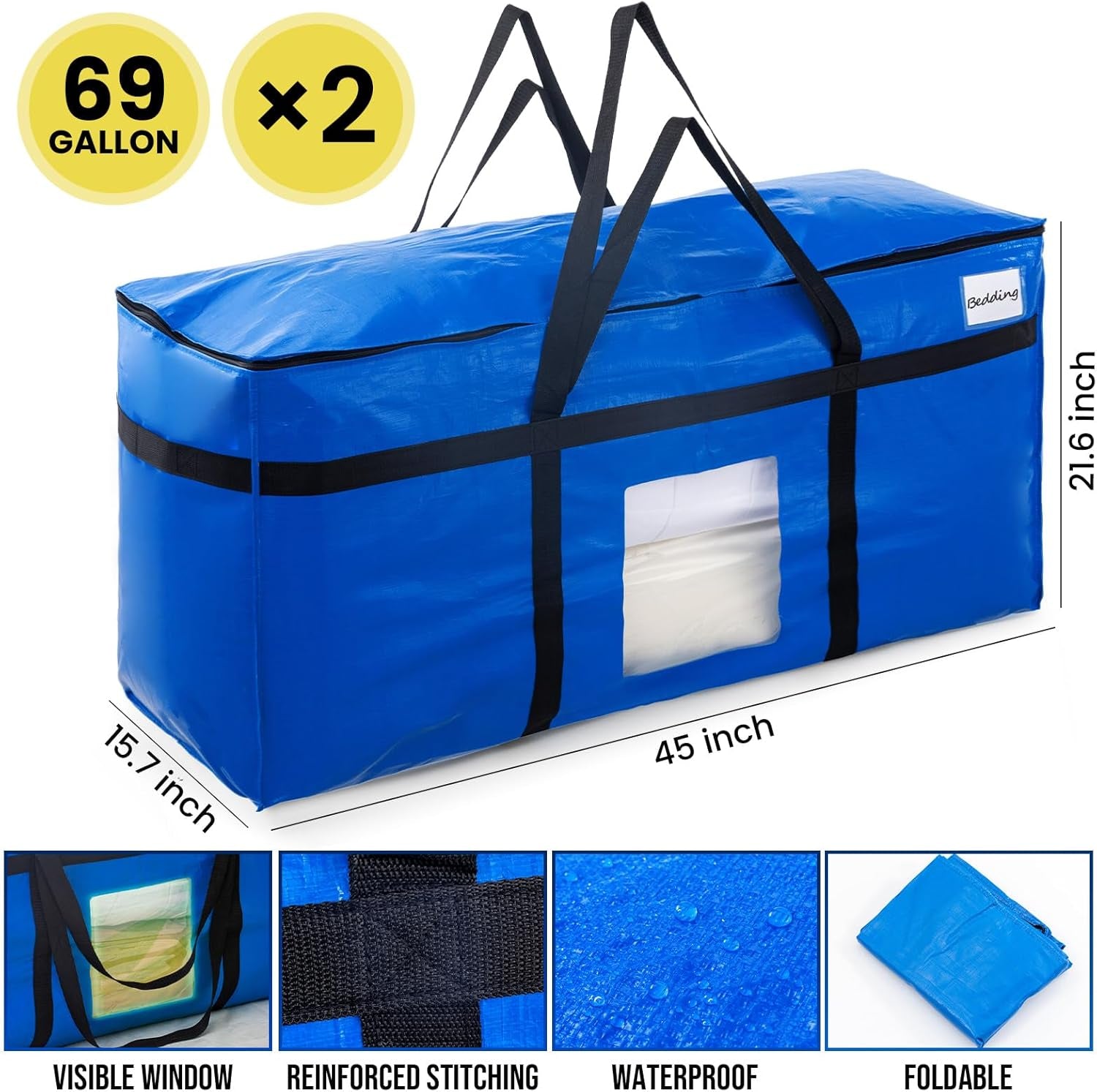 69 Gallon Extra Large Storage Bags, XXL Blue Heavy Duty Moving Bags for Storage with Visible Window, Wrap around Handles, Totes for Space Saving, Alternative to Moving Boxes (2 Pack)
