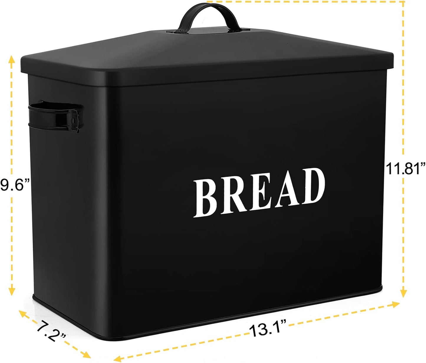 Extra Large Bread Box with Lid, Metal Bread Storage Container for Farmhouse Kitchen Countertop, 13.1” X 11.81” X 7.2” Inches for Holding 2+ Loaves, Indoor & Outdoor Use, Black