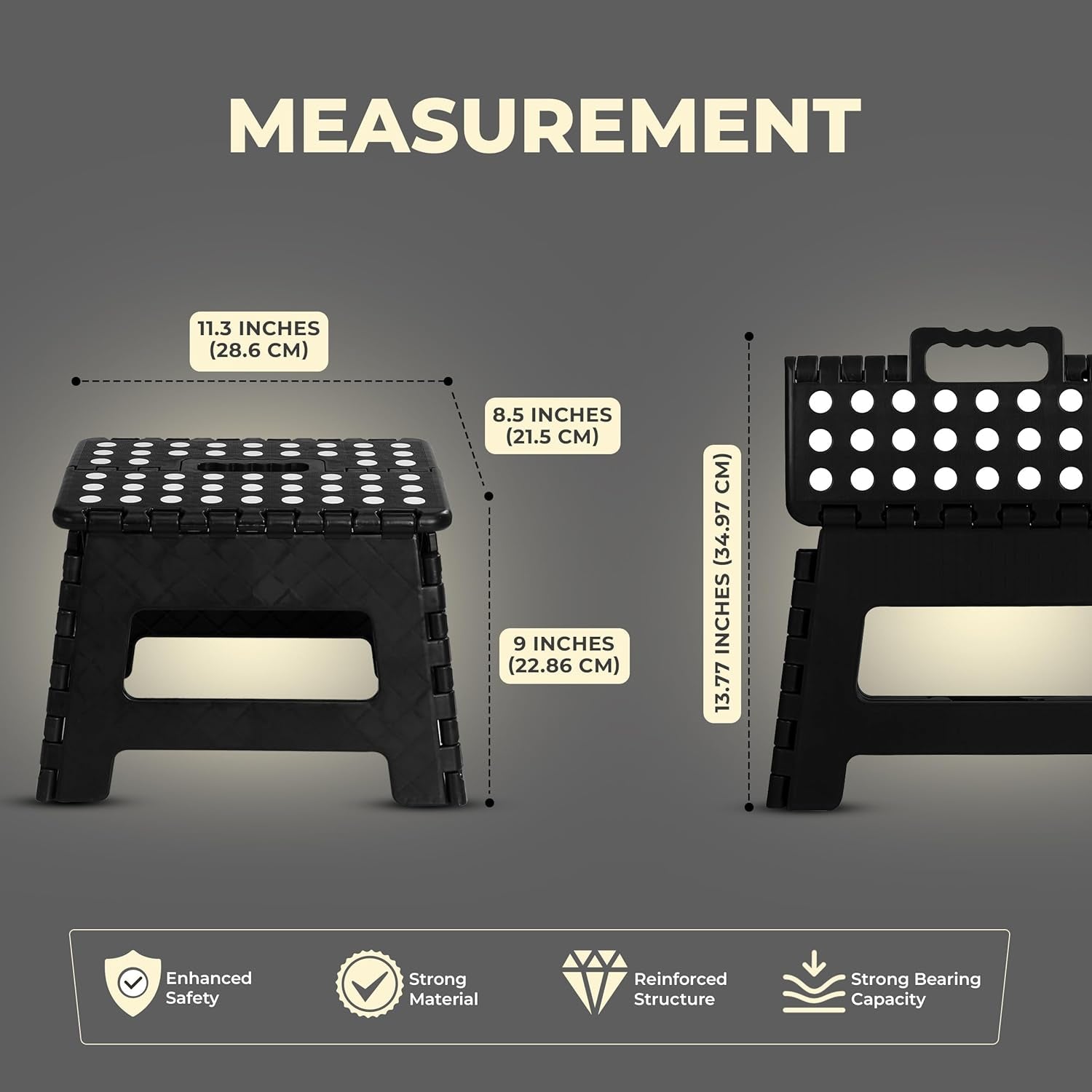 Folding Step Stool - (Pack of 1) Foot Stool with 9 Inch Height - Holds up to 300 Lbs - Lightweight Plastic Foldable Step Stool for Kitchen, Bathroom & Living Room (Black)