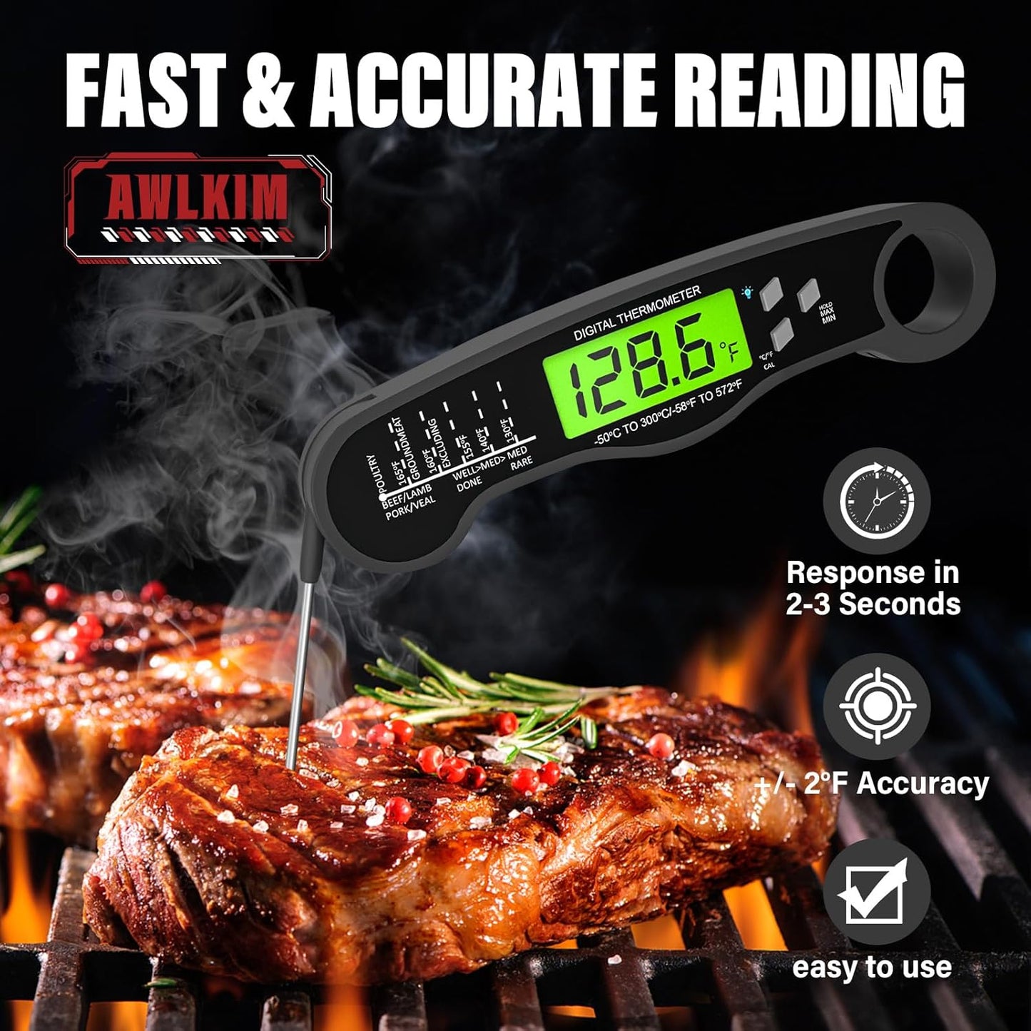® Instant Read Meat Thermometer Digital - Waterproof Food Thermometer with Backlight for Cooking, Grill, Candy, Kitchen & Stocking Stuffers for Men - Grey