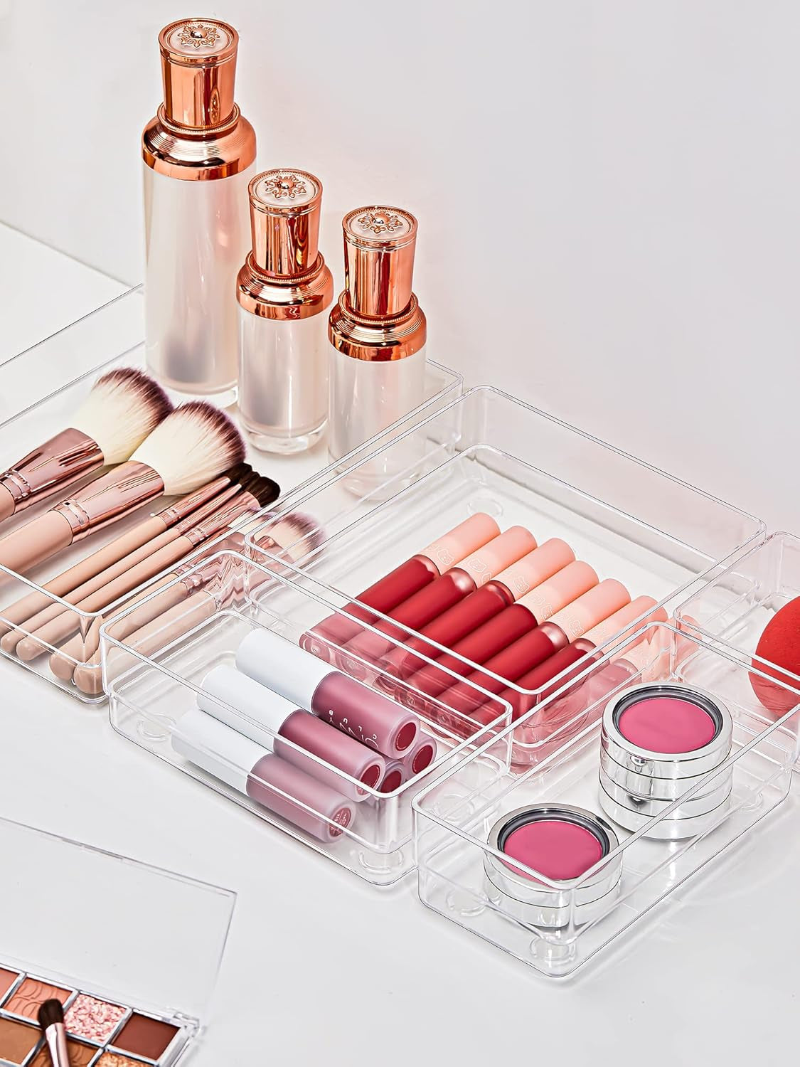 16-Piece Drawer Organizer with Non-Slip Silicone Pads, 5-Size Desk Storage Tray for Makeup, Jewelries, Utensils in Bedroom Dresser, Office and Kitchen, Clear