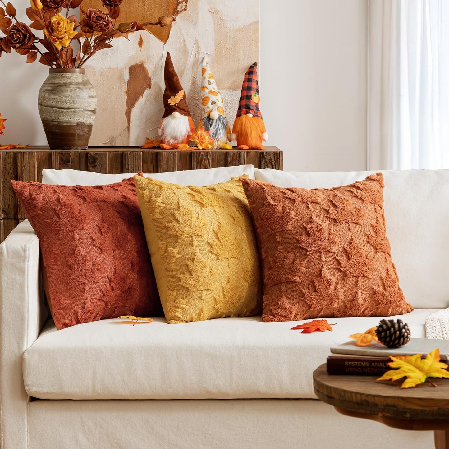 Fall Autumn Throw Pillow Covers 18X18 Rust Set of 2 Thanksgiving Decorative Solid Maple Leaf Pattern Accent Pillow Covers Soft Plush Faux Wool for Home Decor Holiday Outdoor Porch Bedroom