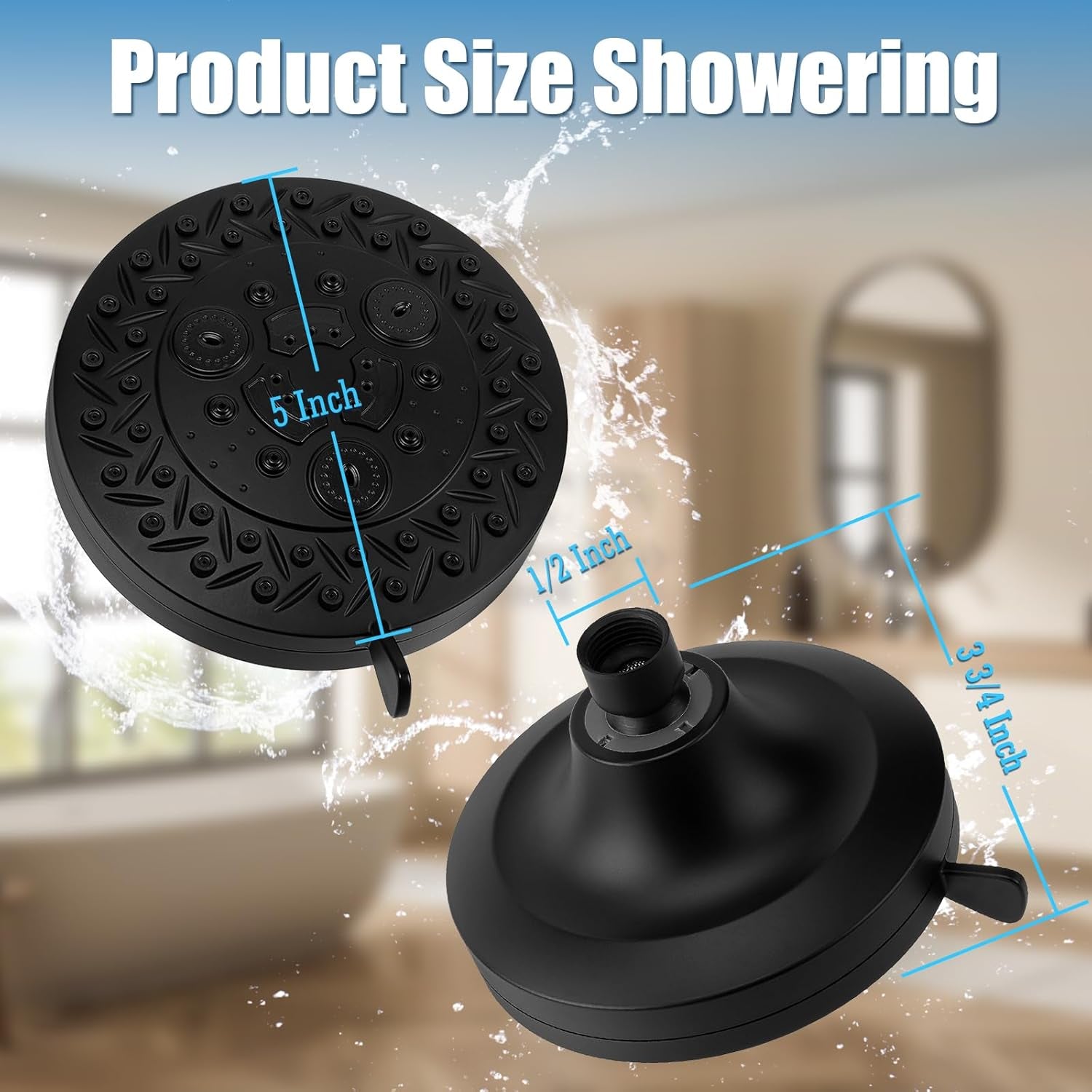 8 Spray Modes Shower Head, 5 Inch High Pressure Shower Heads with 62 Anti-Clogging Nozzles and Adjustable Brass Ball Joint, Replacement for Bathroom Showerhead, Matte Black