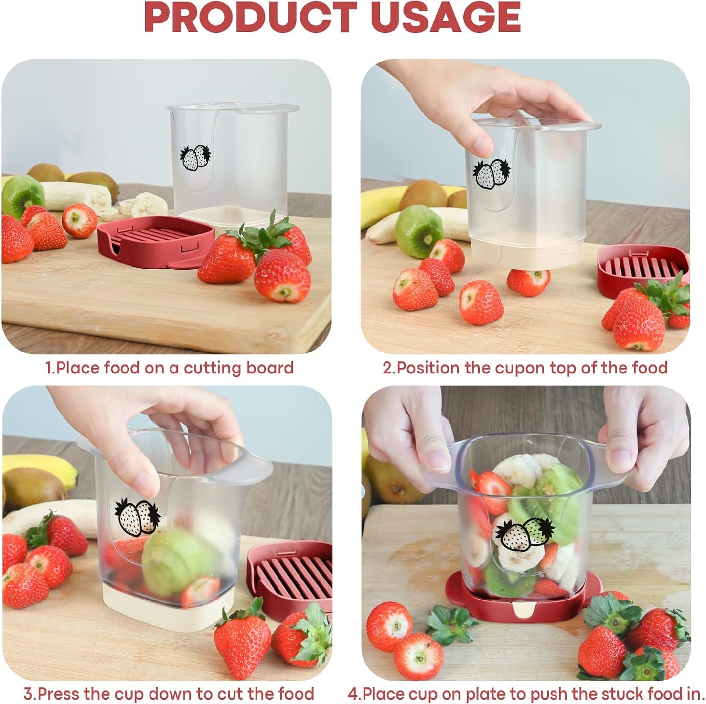Upgrade Fruit Slicer, Multifunctional Strawberry Slicer with Cleaning Brush, Cup Slicers for Fruits and Vegetables (Red)