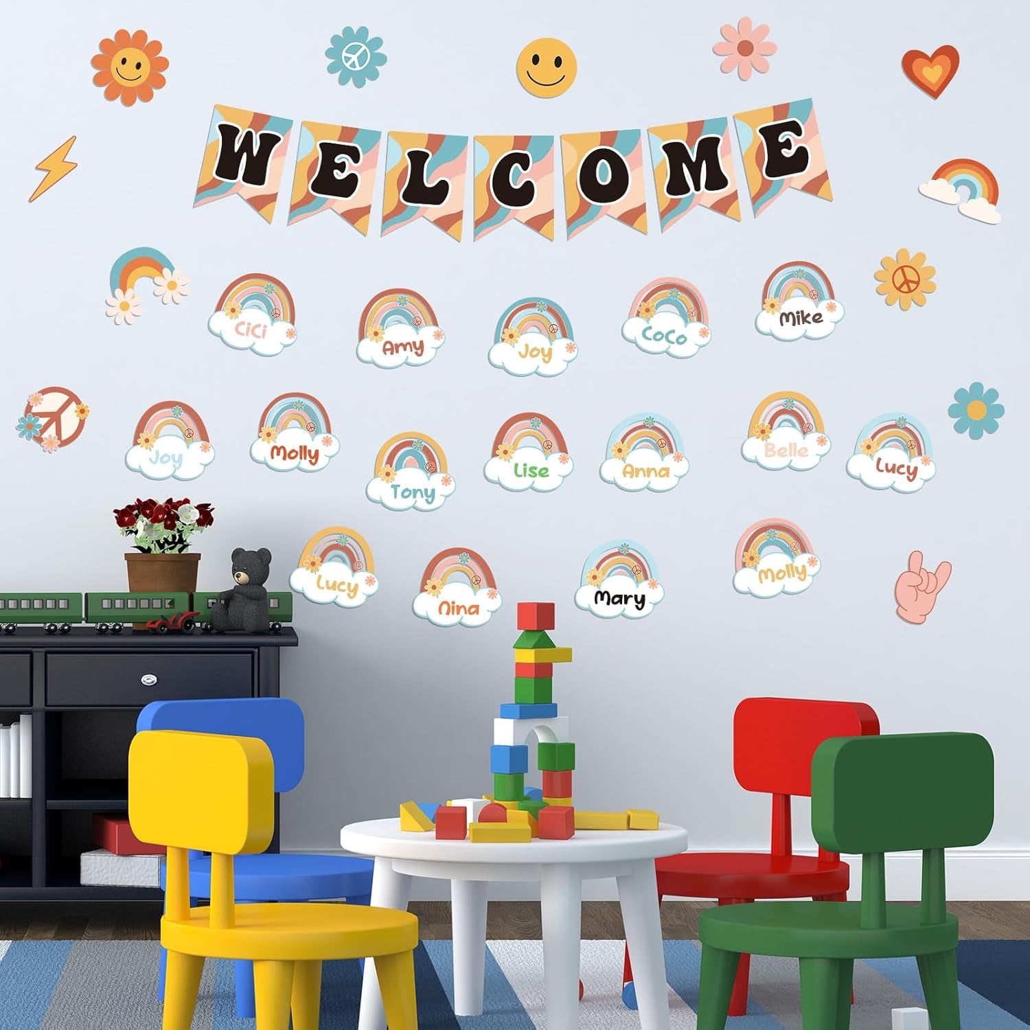 61Pcs Retro Welcome Back to School Bulletin Board Welcome Poster Banner Groovy Rainbow Theme Welcome Sign Decor with Glue Point for First Day of Kindergarten Preschool Classroom Decorations
