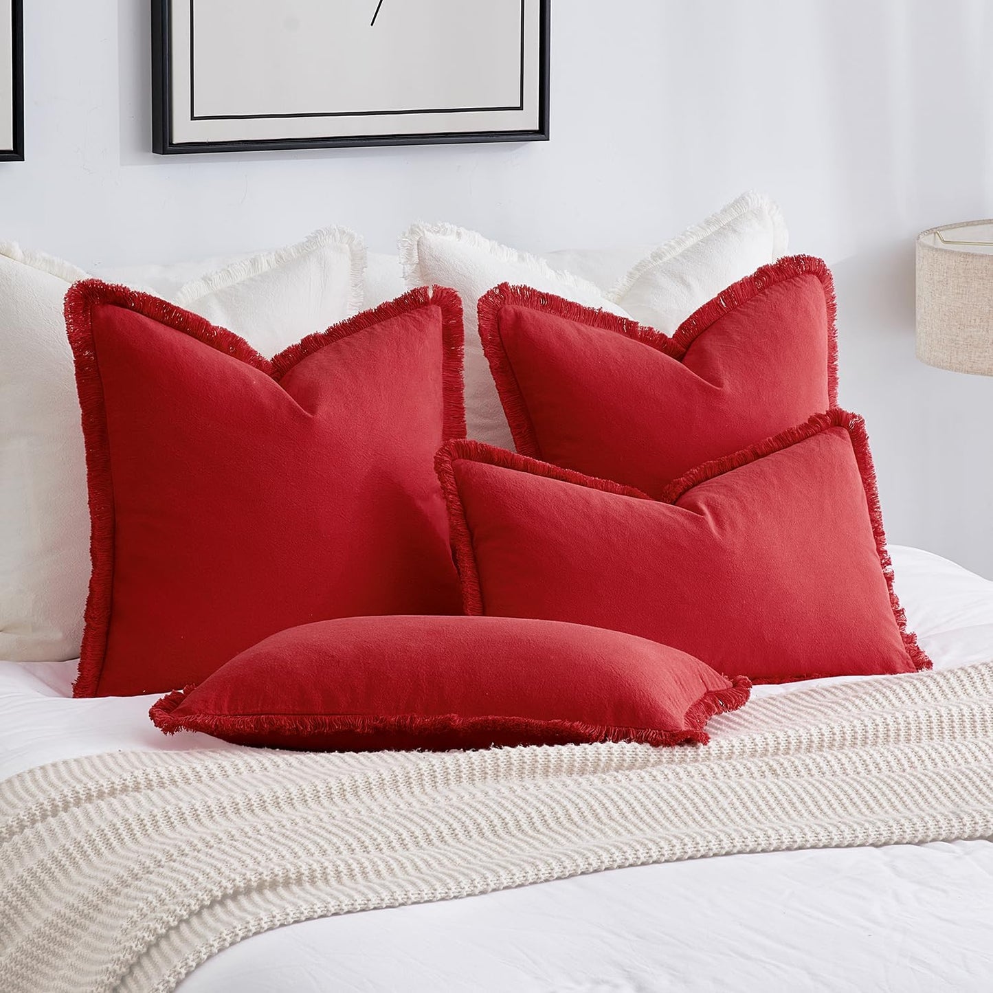 Throw Pillow Covers Boho Farmhouse 24X24 Christmas Set of 2 Decorative Christmas Red Eruo Sham Couch with Fringe Chic Cotton Pillowcases Home Decor Accents for Cushion Soft Bed Living Room