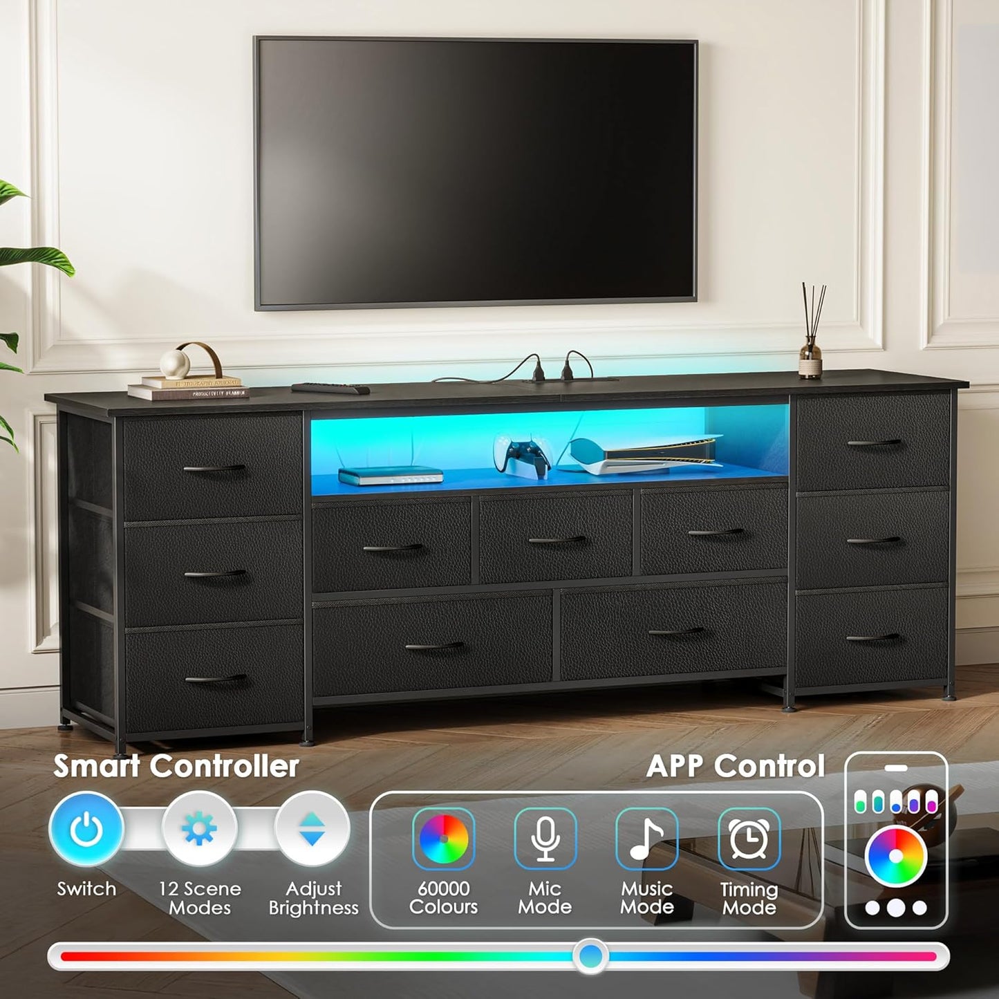 63-Inch TV Stand for 65-70 Inch TVs, 11-Drawer Long Dresser with Power Outlets and LED Lighting, Black Entertainment Center with Storage and PU Leather Surface