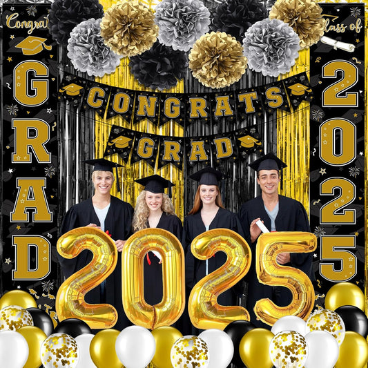 Graduation Decorations Class of 2025, Black Gold Graduation Party Decorations, Congrats Grad Banner Foil Fringe Curtain Balloons Photo Booth Backdrop for High School College Graduation Party Supplies