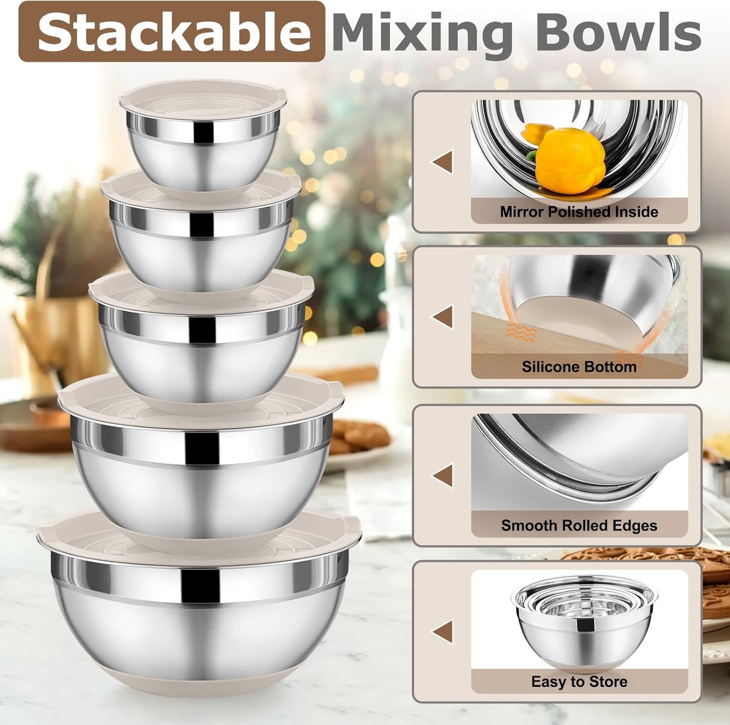 Mixing Bowls with Lids Set of 5, Stainless Steel Nesting Salad Bowl with Lid & Base for Non-Slip Mixing Prepping Storing Serving, 5 Sizes-7/3.5/2.5/1.5/1 QT, Khaki