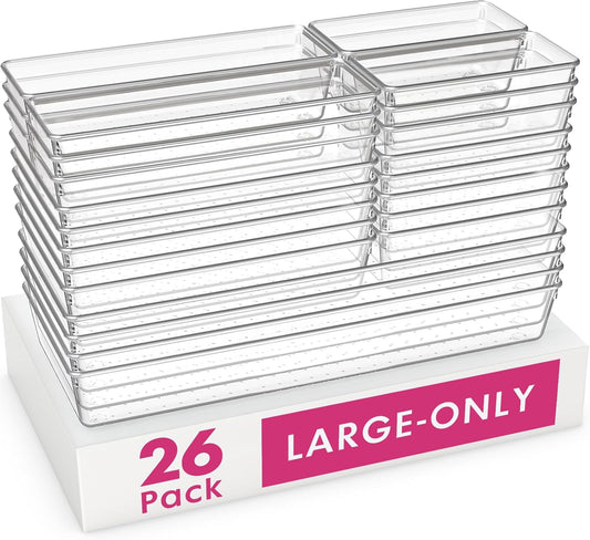 26 Pack Large Clear Plastic Drawer Organizer Bins -5 Size Heavy Duty Acrylic Kitchen Drawer Organizers and Storage for Utensils -Bathroom Drawer Organizer Trays for Makeup Office Organization