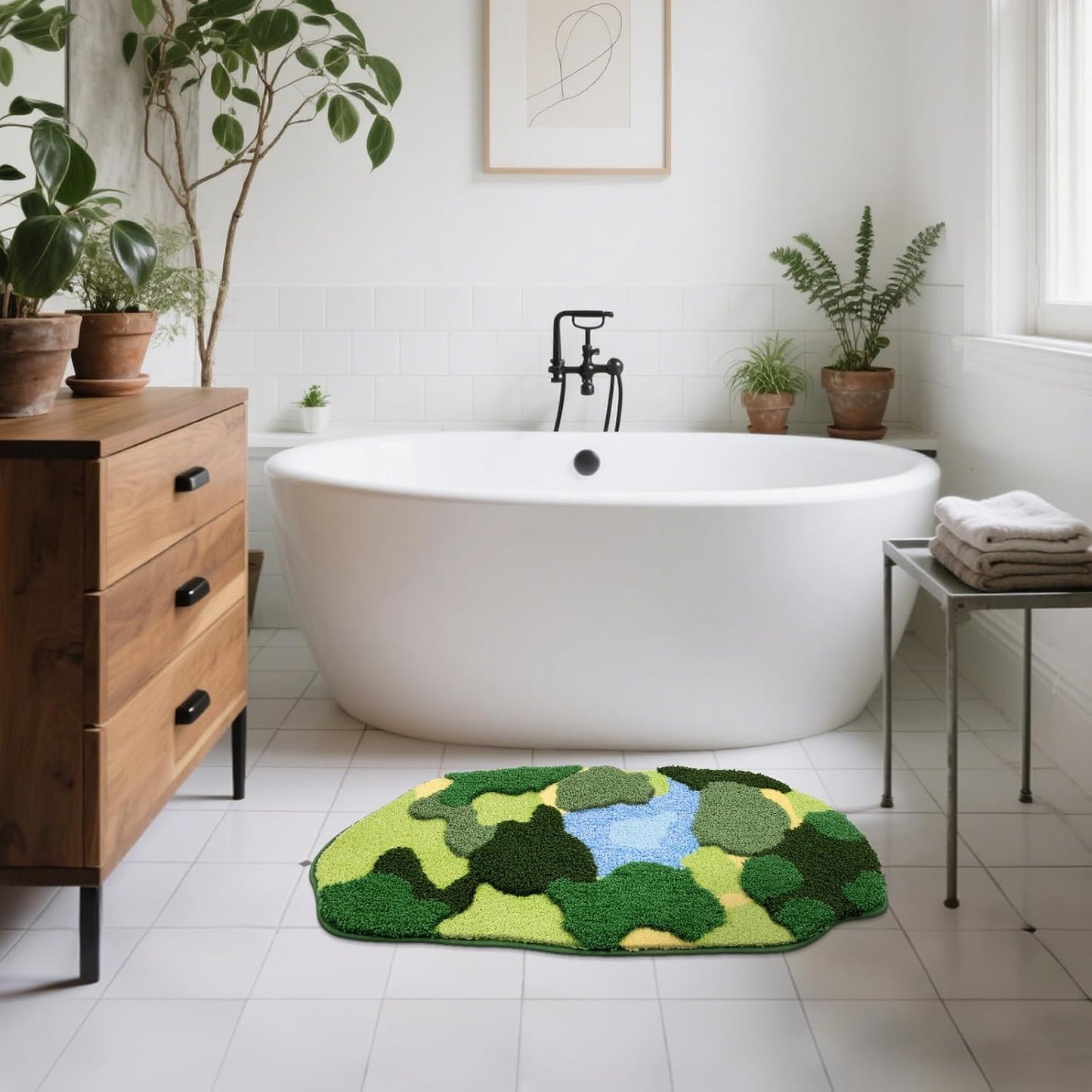 Soft Fluffy Green Moss Bath Rugs 20"X35" Non Slip Bath Mats Cute Fun Irregular Unique Bathroom Rugs Absorbent Carpet for Bathroom Shower Tub Bedroom Rug Decor, Multigreen Moss Blue Pond