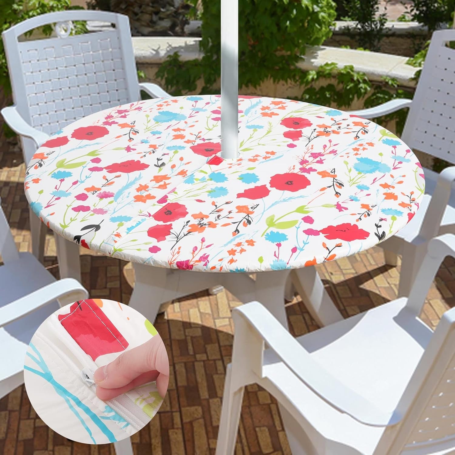 round Tablecloth, Fitted Table Cover with Umbrella Hole, 100% Waterproof, Elastic Edge, Flannel Backing, Plastic Table Cloth Fit 45"-56" round Tables for Patio, Picnic, Outdoor, Flowers