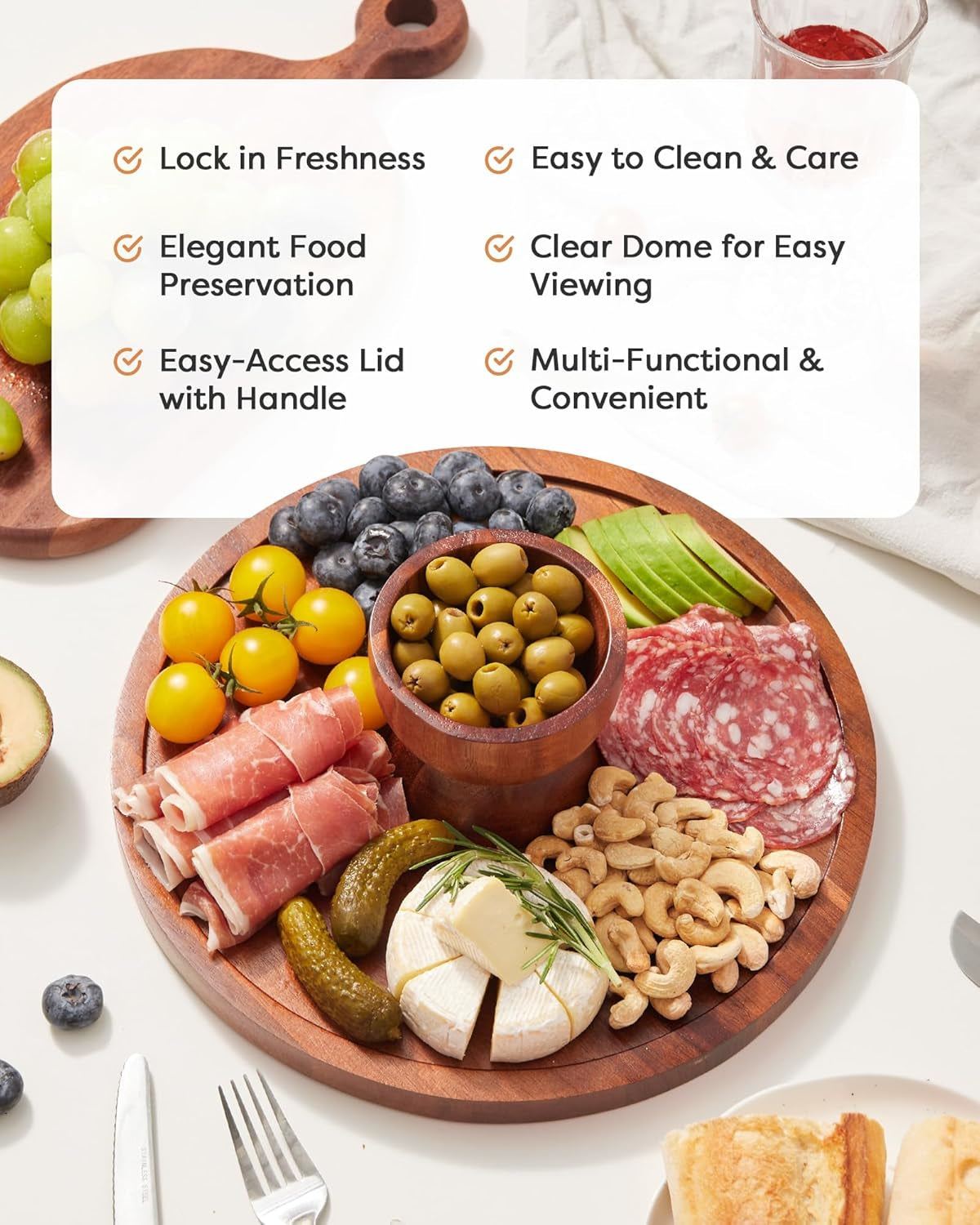 Wood Cake Stand with Lid, 2-In-1 Wooden Cake Plate & Covered Charcuterie Board, Footed Cake Container Dessert Display Holder with Dome Cover for Weddings, Parties, Bakeries (12 Inch)