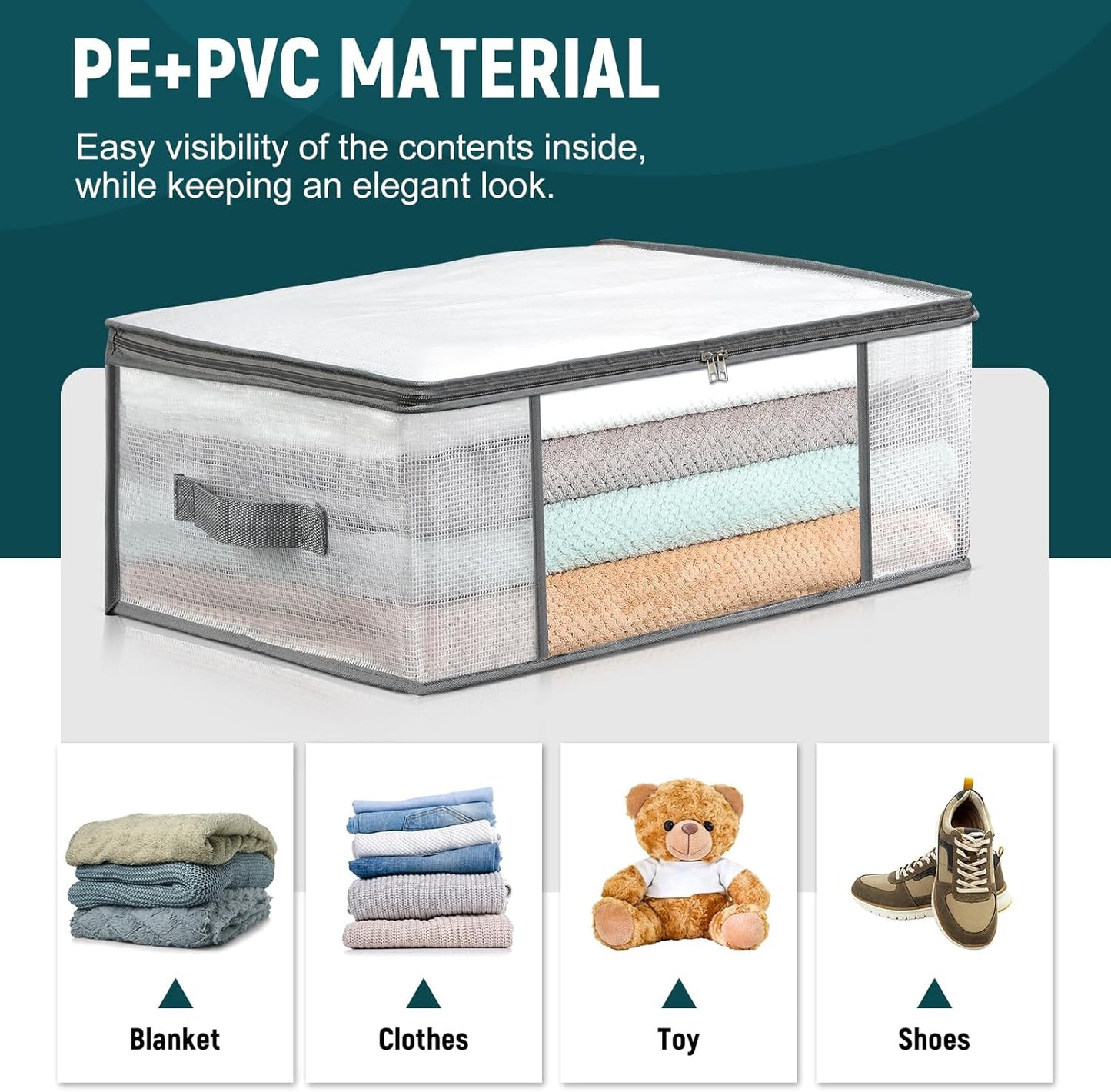 3-Pack Clothes Storage Bags, Plastic Foldable Blanket Storage Bins, Closet Organizer Container for Bedroom, Bedding, Comforters, Pillows, and Clothing - 35L with Handles