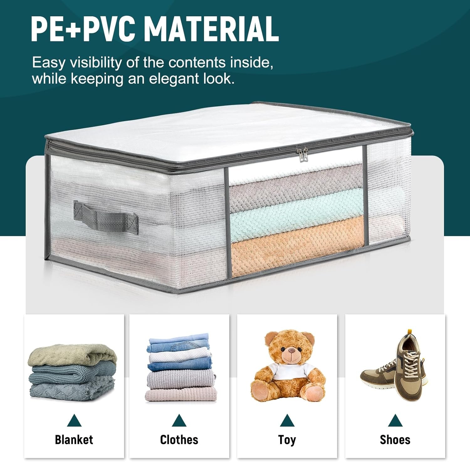 3-Pack Clothes Storage Bags, Plastic Foldable Blanket Storage Bins, Closet Organizer Container for Bedroom, Bedding, Comforters, Pillows, and Clothing - 35L with Handles