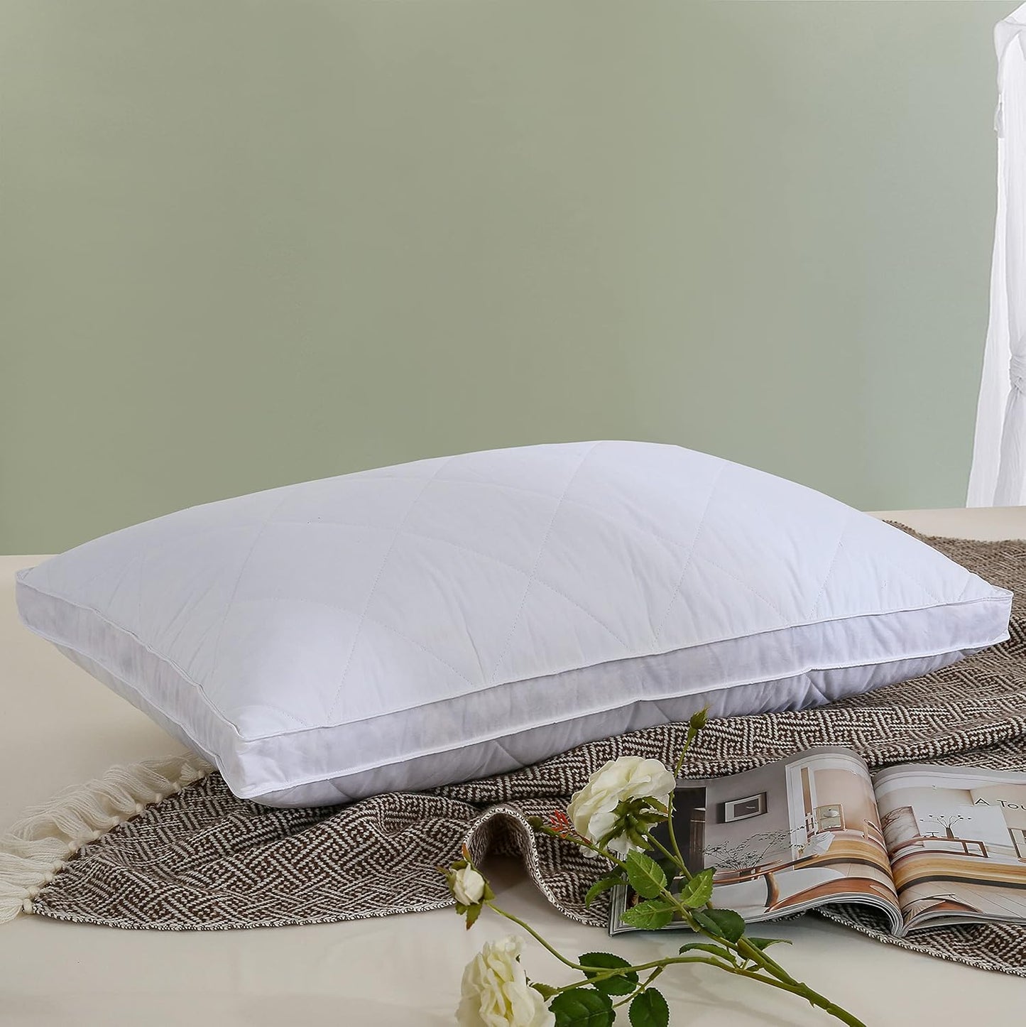 Queen/Standard Size White Goose Feather Bed Pillow - Soft 600 Thread Count 100% Cotton Cover, Medium Firm with Polyester Surround Fill