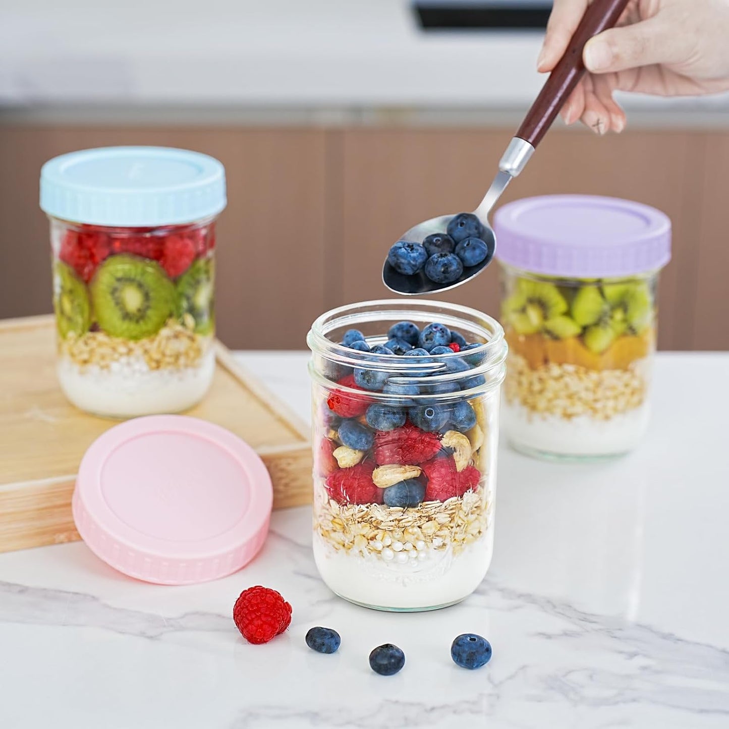 Overnight Oats Containers with Lids, 6-Pack Glass Mason Jars 16 Oz with Lids Wide Mouth, Reusable Food Storage Containers for Snack, Chia Pudding, Yogurt, Meal Prep, Salad