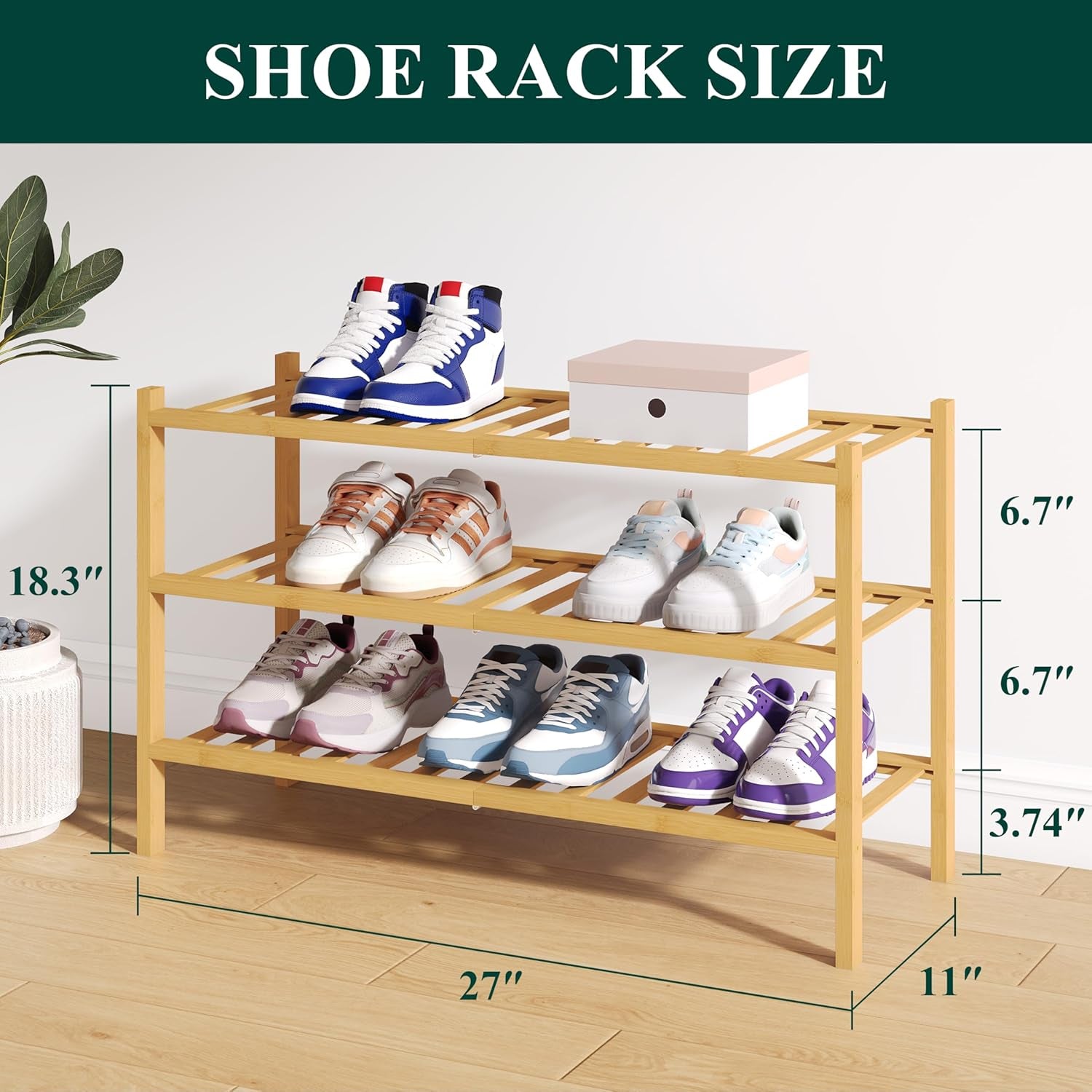Bamboo 3-Tier Shoe Rack - Stackable Wooden Organizer for Entryway and Closet Storage, Natural Finish