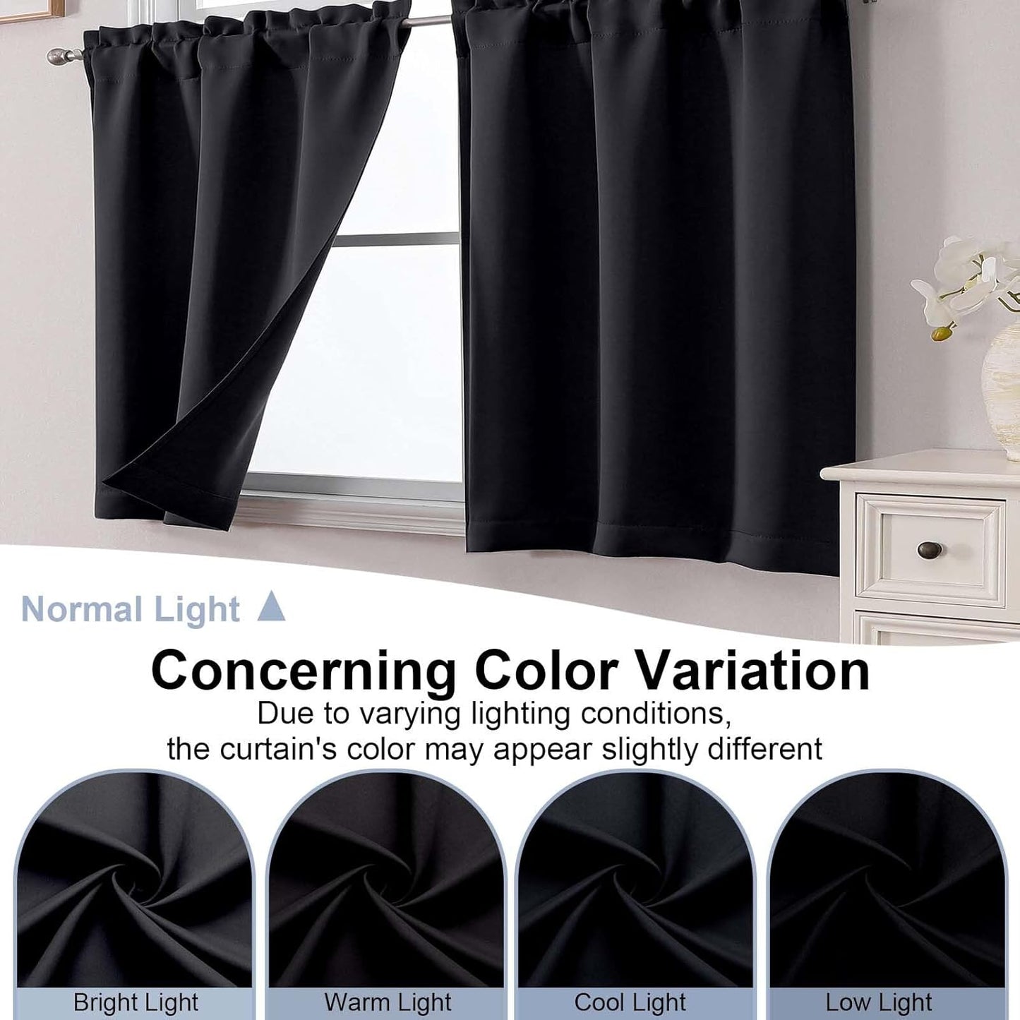 Short Black Out Curtains 36 Inch Length, Small Blackout Curtain Tier Thermal Insulated Half Window Curtains for Kitchen Basement Cabinet Camper RV Bunk, 2 PCS, Each 30" Wx36 L, Black
