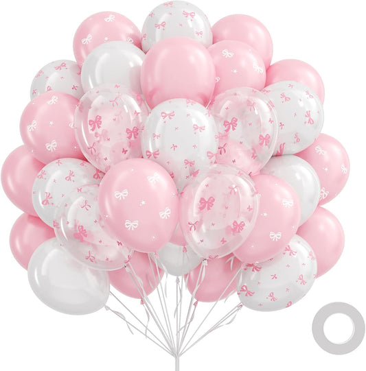 60Pcs Pink Bow Balloons 12Inch with Pink White Clear Bow Balloons for Pink Coquette Wedding Baby Shower Birthday Party Decorations