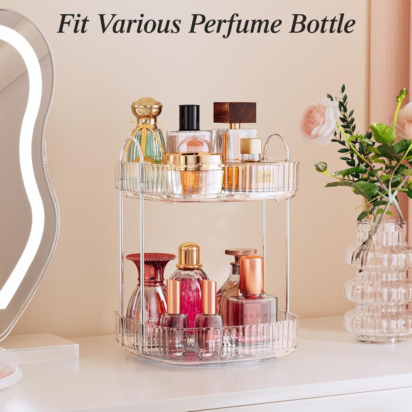Rotating Bathroom Countertop Organizer, Large Capacity 2-Tier Multi-Function Storage for Cosmetics, Skincare, and Perfume. Makeup Organizer Countertop Ideal for Dresser, Bathroom,Vanity, Clear