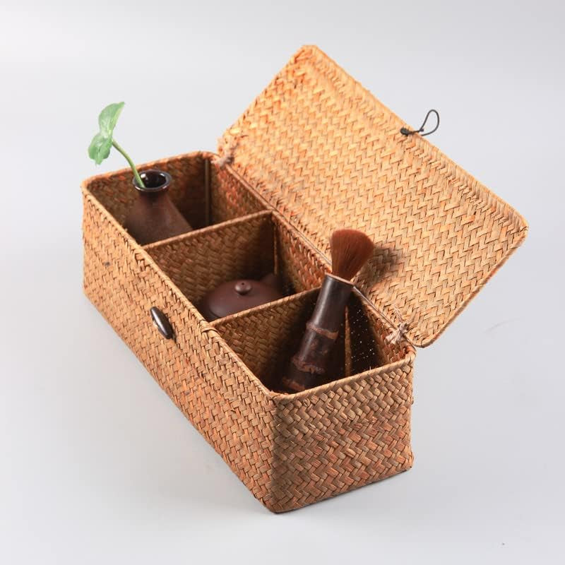 Seagrass Tank Basket with Lid Woven Toilet Roll Storage Basket with Sections Rectangular for Organize Snack Toys Tampon (Large Compartment 16.5Inch L X 5.5Inch W X 5.5Inch H) Natural