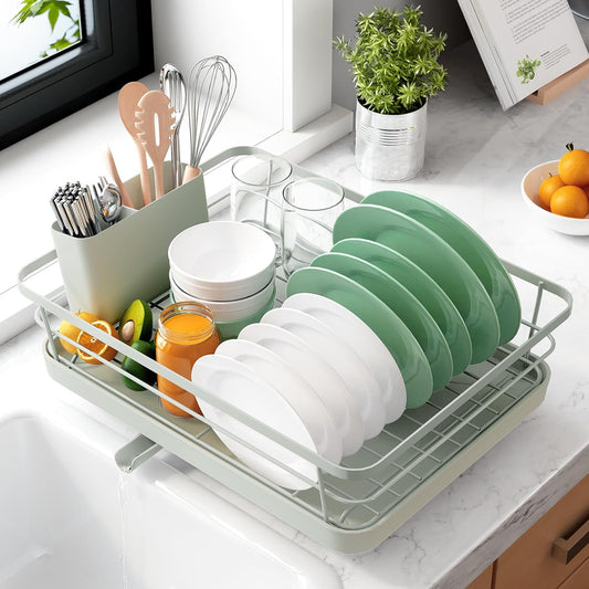 Dish Drying Rack for Kitchen Counter, Stainless Steel Sink Organization and Storage Essentials with Cutlery Holder, Home and Appartment Decor, 12''W X 15.5''L, Light Grey