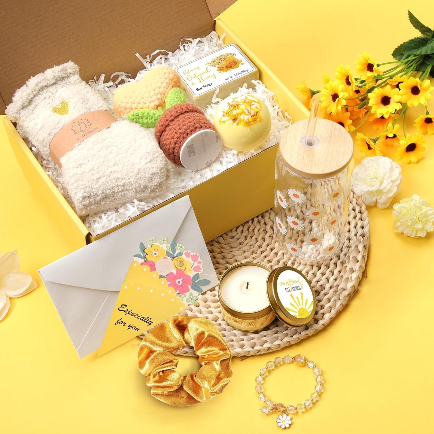 Birthday Gifts for Women, Gift Baskets for Women, Best Friend Friendship Gifts, Get Well Soon Inspirational Gift Set Box for Woman Her Teen Girl Sister Friendship W 18Oz Daisy Cup