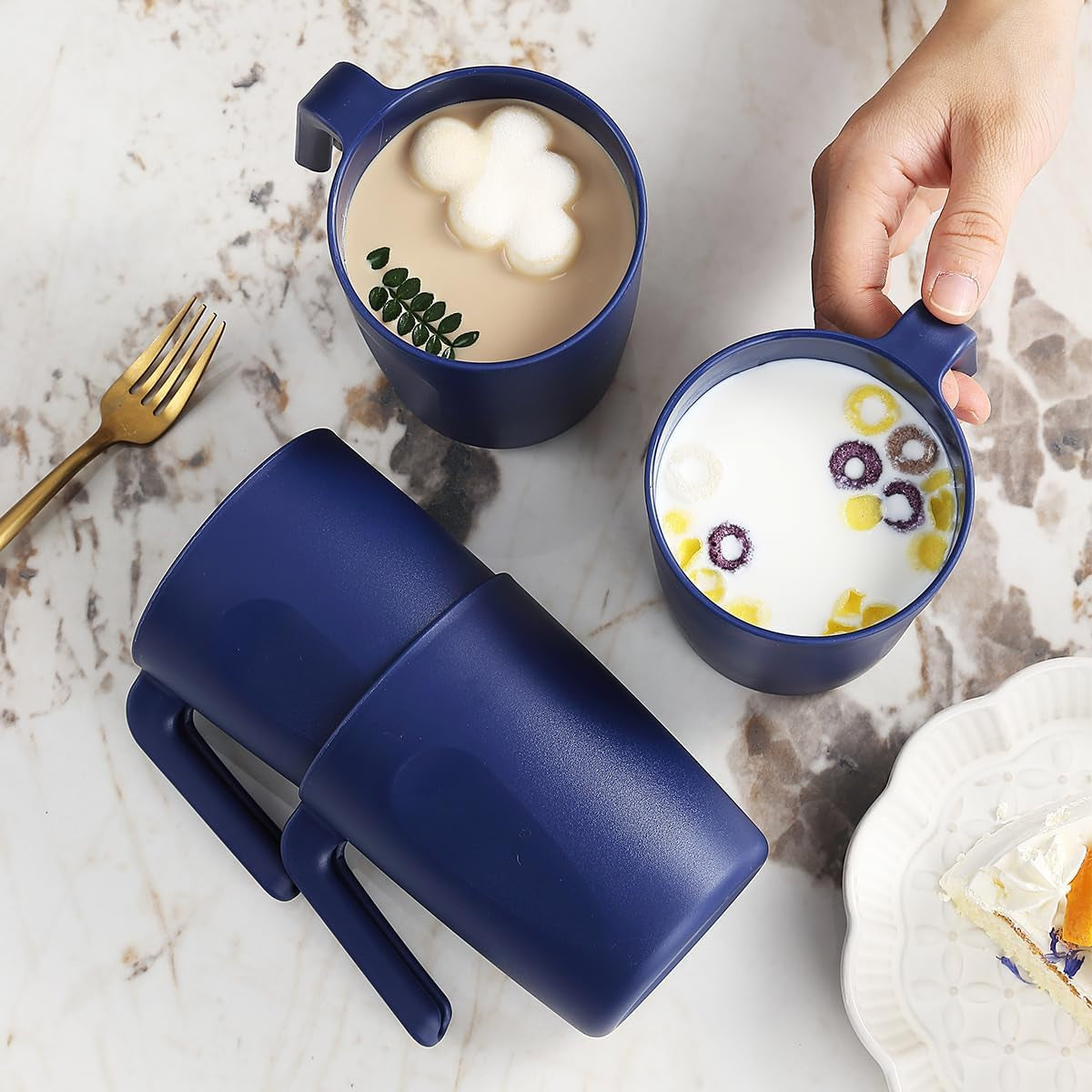 Set of 8 Blue Plastic Coffee Mugs with Handles, 15 Oz Reusable Cups for Home, Garden, Picnic, Camping, and Outdoor Use