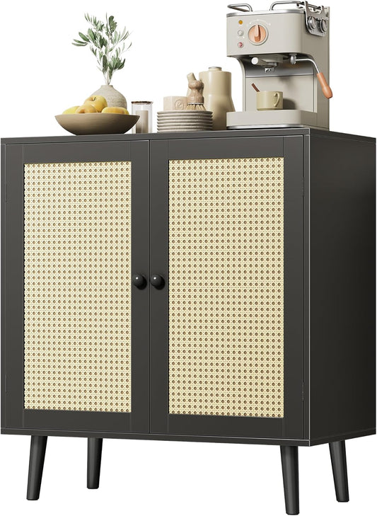 Buffet Cabinet with Storage and Synthetic Rattan Decor Doors, Solid Wood Legs, Ideal for Hallway, Entryway, or Living Room, Black Finish