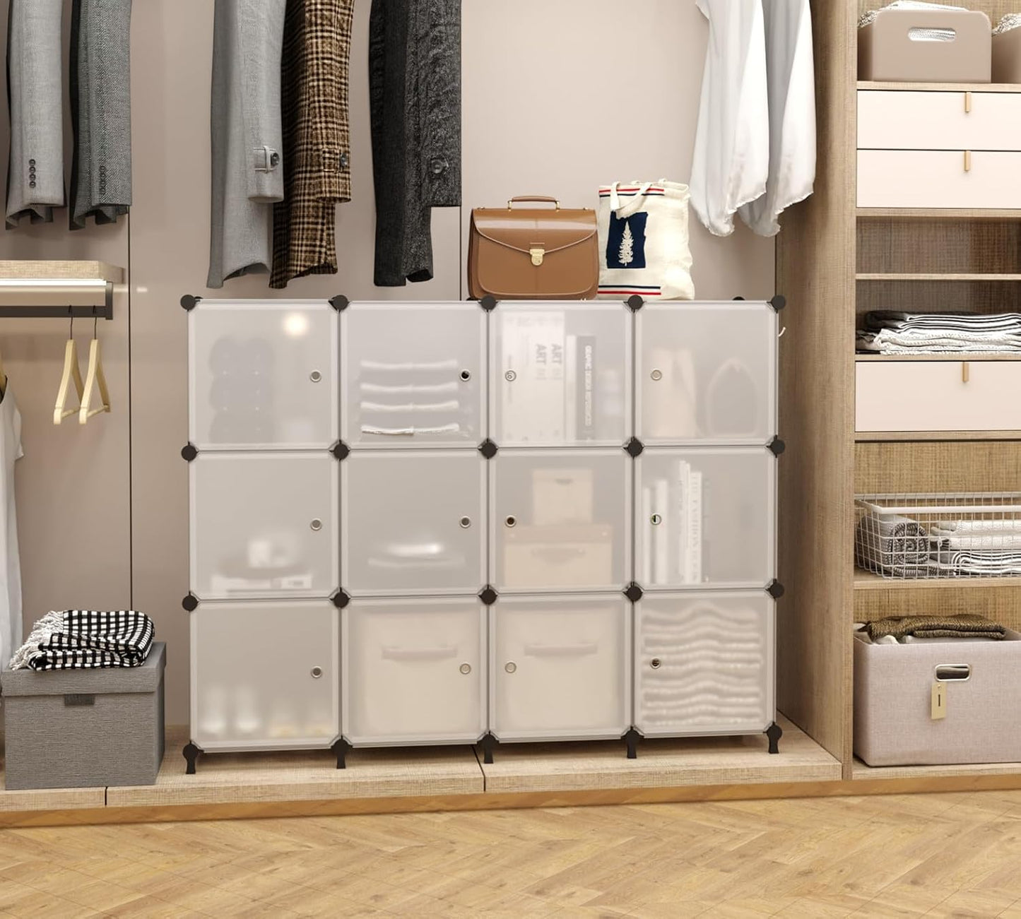 12 Cube Storage Organizer with Doors, DIY Plastic Closet Shelf, Modular Bookshelf, Stackable Shelving Rack for Bedroom, Living Room, Translucent ULPZ011