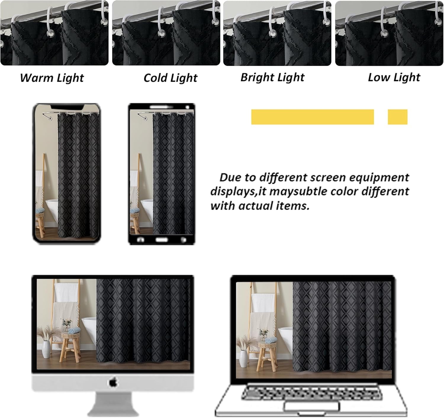 Black Shower Curtain Set for Bathroom, 36 “ Width Stall Small Boho Shower Curtain with 12 Hooks, Soft Lightweight Jacquard Design Fabric Shower Curtain, Machine Washable, Black, 36 W X 72 L