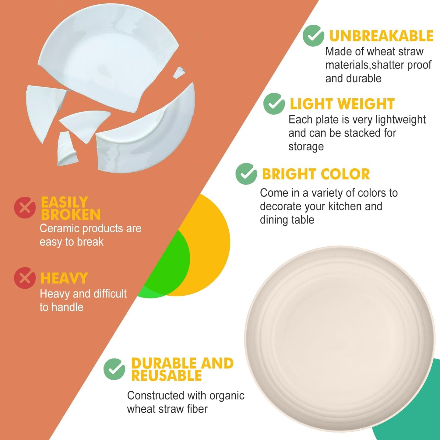 Set of 8 Unbreakable 9-Inch Wheat Straw Dinner Plates, Dishwasher and Microwave Safe, Modern Beige Design
