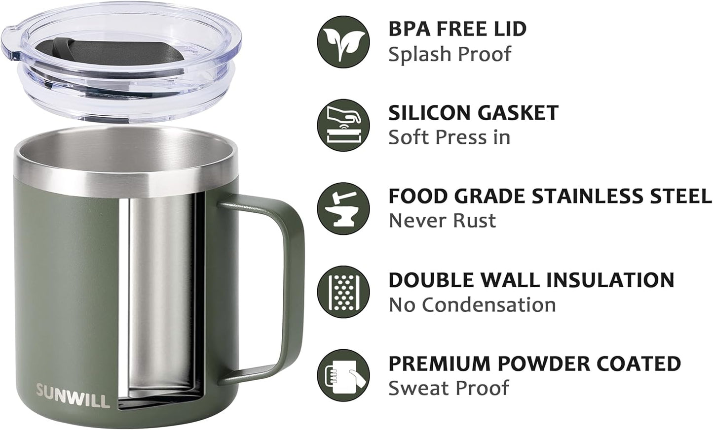 Travel Coffee Mug with Lid, Insulated Tumbler with Handle, 14 Oz Stainless Steel Cup for Home, Office, Camping, Powder Coated Camp Green