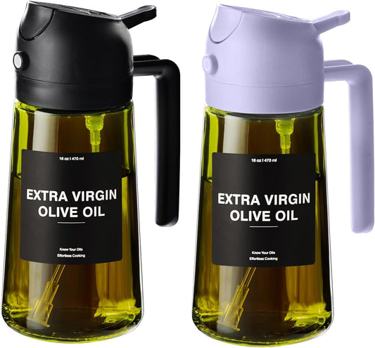 - 16Oz/470Ml Olive Oil Dispenser for Kitchen with Stickers - 2 in 1 Olive Oil Sprayer for Cooking, Air Fryer, and Salad, Black&Purple (Light-Proof Kitchen Gadget)