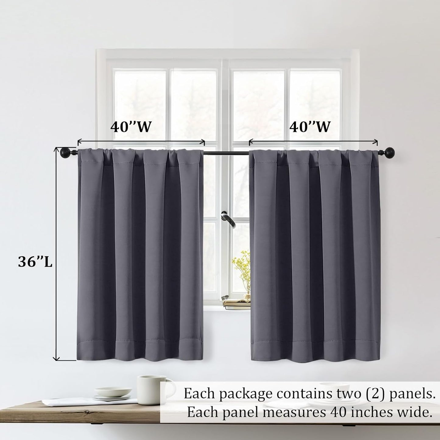 Sally Grey Short Blackout Curtains 36 Inch Length 2 Panels Set, Half Window Rod Pocket Privacy Room Darkening Curtain Tiers for Kitchen Bathroom, 2 Pcs Each W40 X L36 Inch, Grey