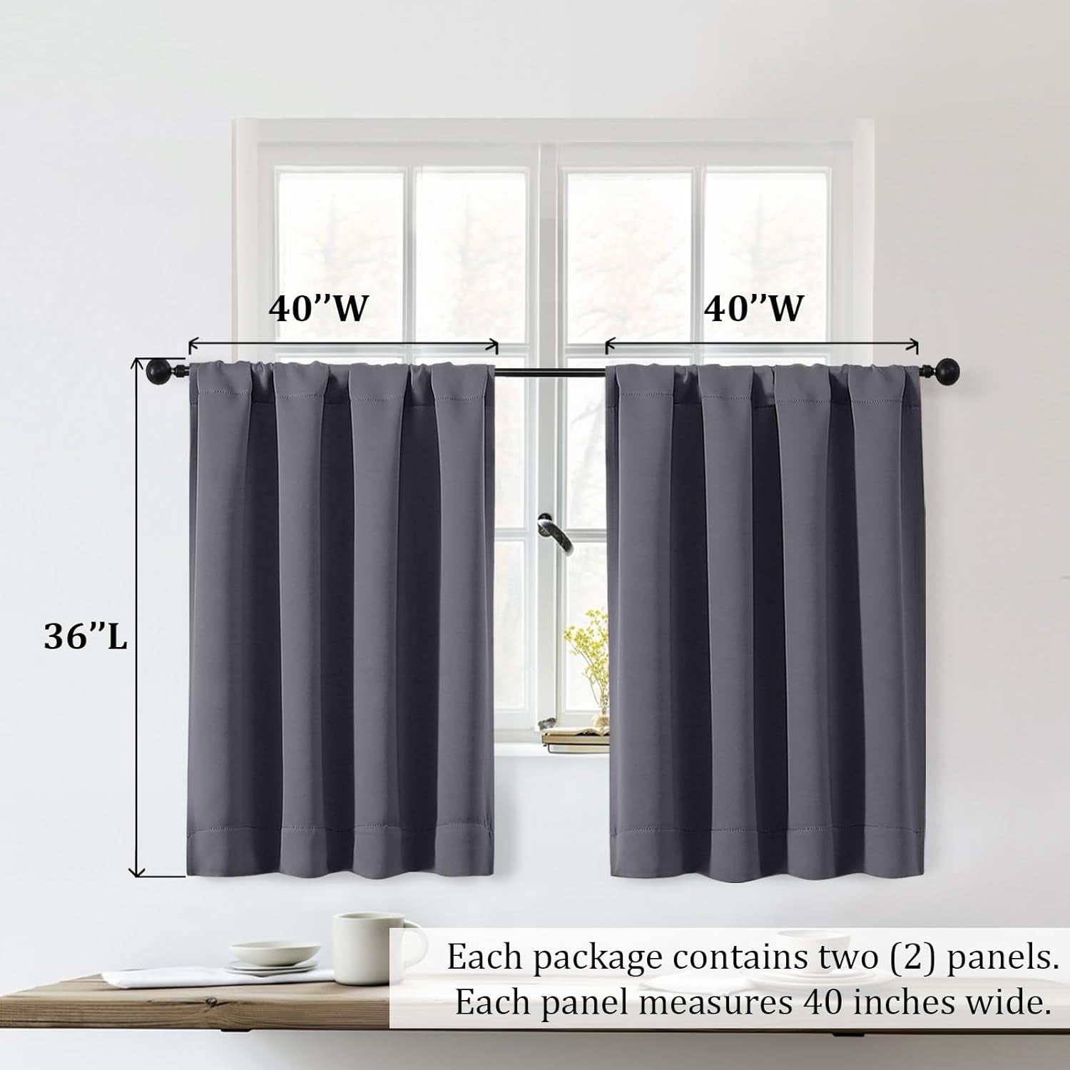 Sally Grey Short Blackout Curtains 36 Inch Length 2 Panels Set, Half Window Rod Pocket Privacy Room Darkening Curtain Tiers for Kitchen Bathroom, 2 Pcs Each W40 X L36 Inch, Grey