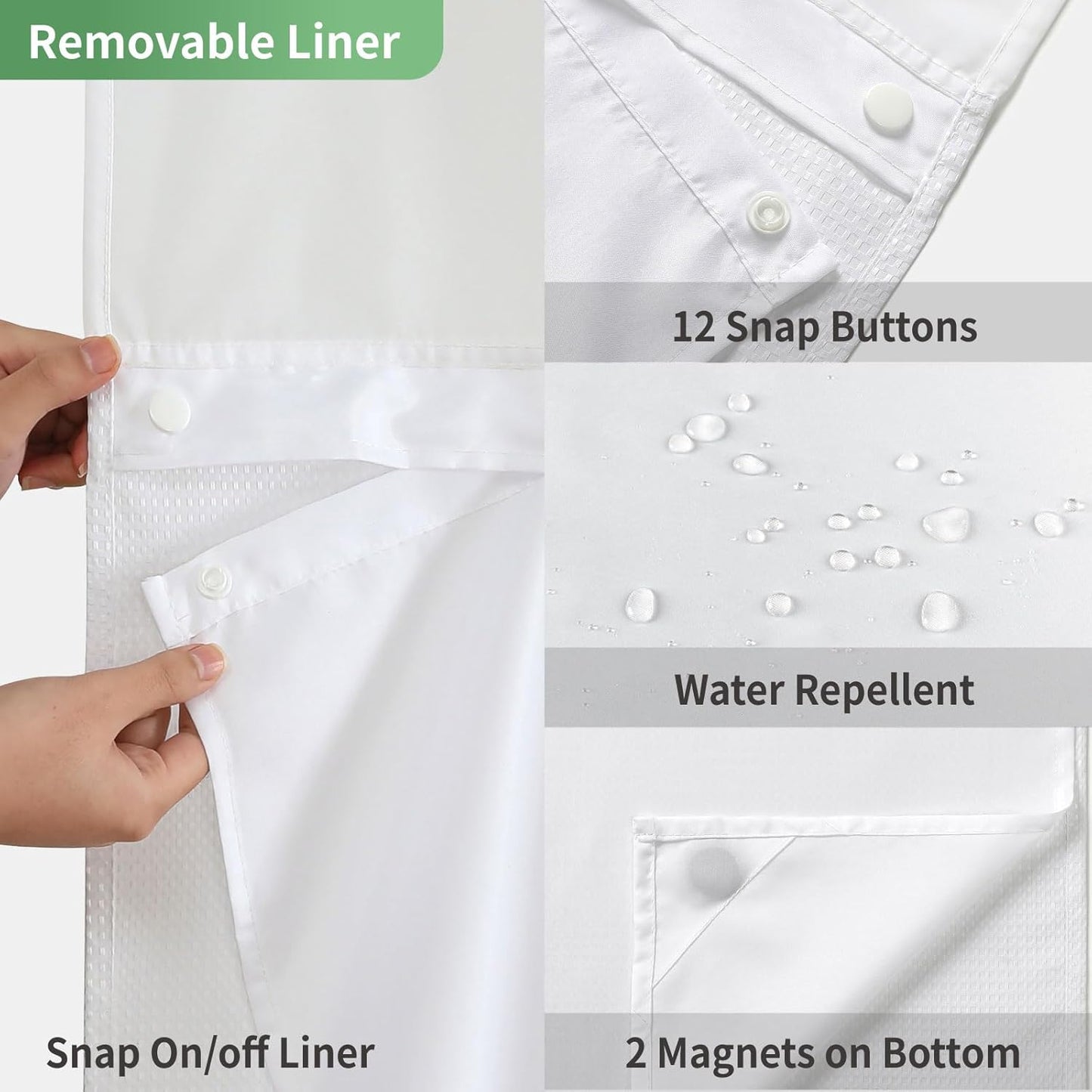 No Hook Waffle Weave Shower Curtain with Snap-In Fabric Liner Set,White Shower Curtains for Bathroom with See through Top Window,Water Repellent & Washable,71Wx74H