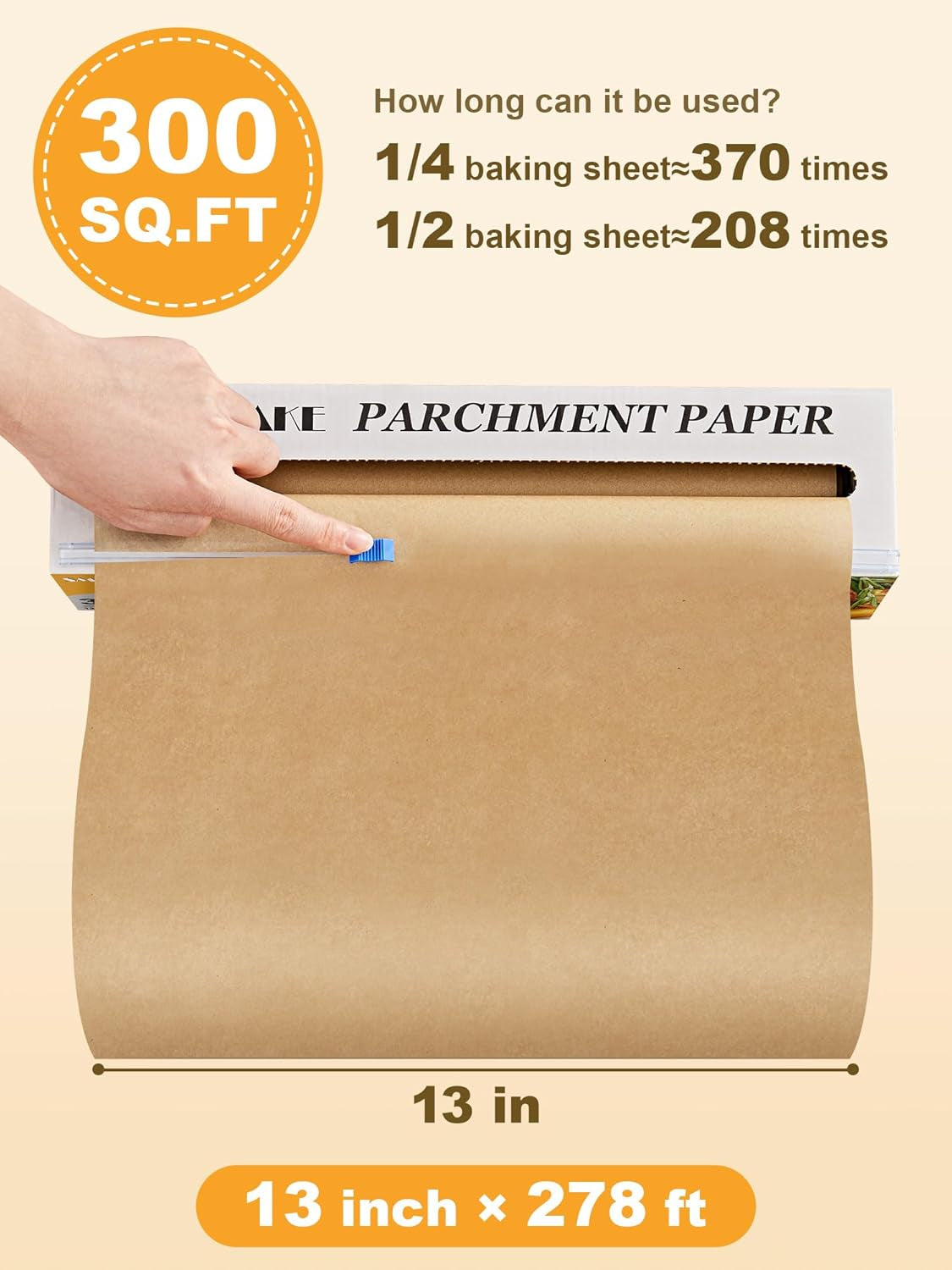 Parchment Paper Roll for Baking, 13 in X 278 Ft, 300 Sq.Ft, Non-Stick Baking Paper Sheets with Slide Cutter, Heavy Duty Extra Long, for Kitchen Baking Cooking Grilling Steaming, Unbleached