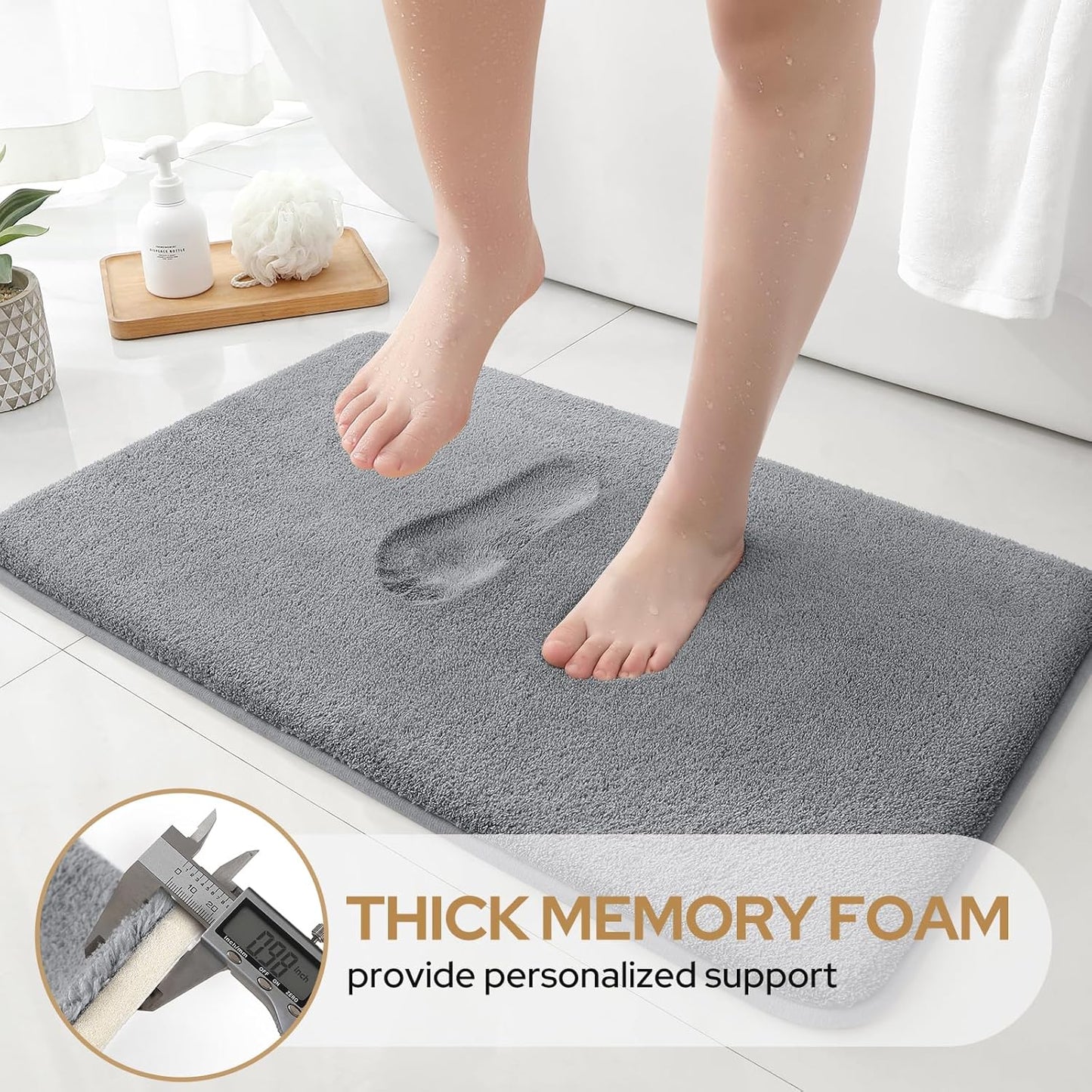 Upgraded Bathroom Rugs Sets 3 Piece, Extra Thick Absorbent Soft Memory Foam, Washable Toilet Bath Mat (Grey,17"X24"+20"X32"+U Shape 20"X24")