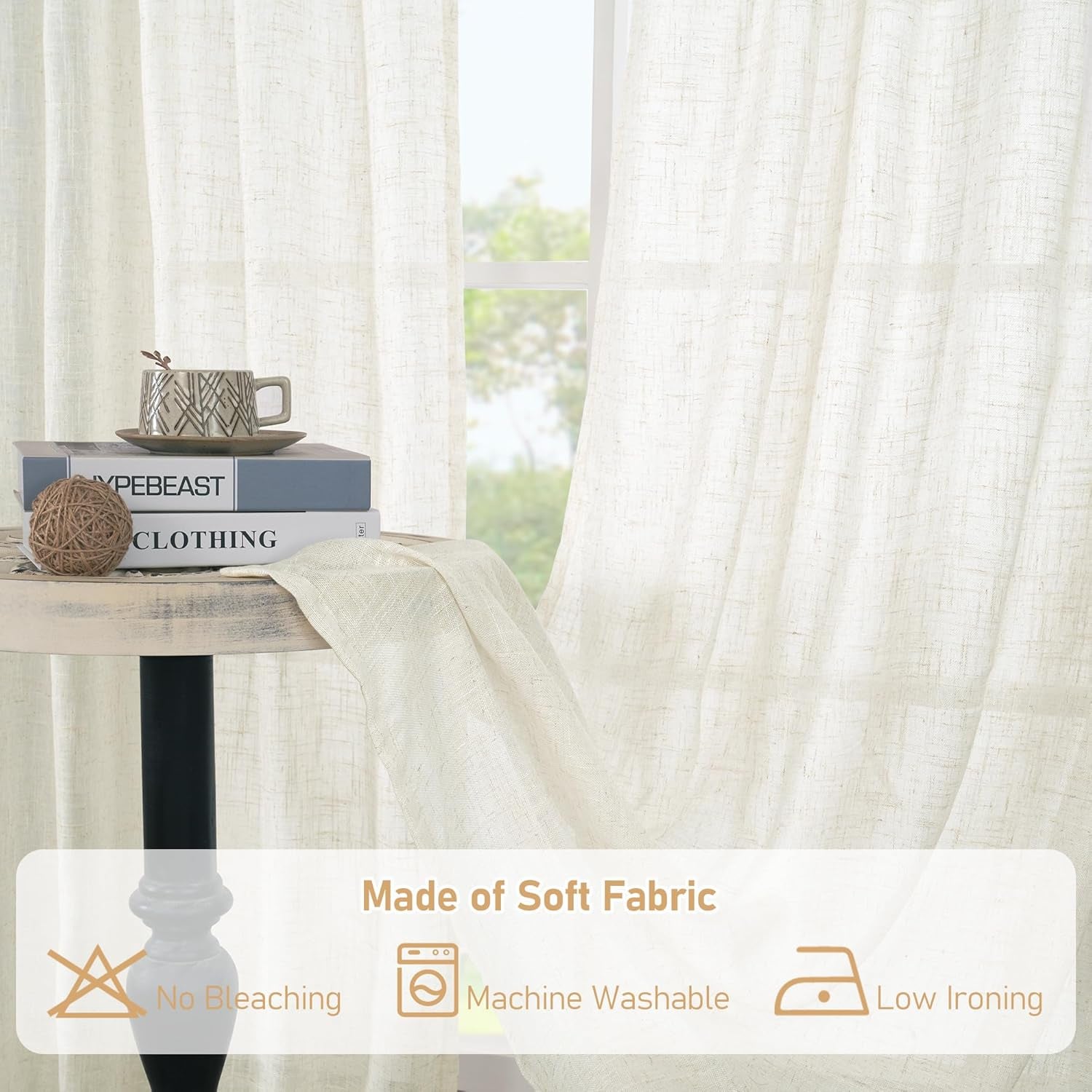 Linen Semi Sheer Curtains 63 Inch Length 2 Panels, Light Filtering Neutral Window Bedroom Curtains Farmhouse Boho Bronze Grommet Drapes for Kitchen/Living Room, Cream, 34 X 63 Inch