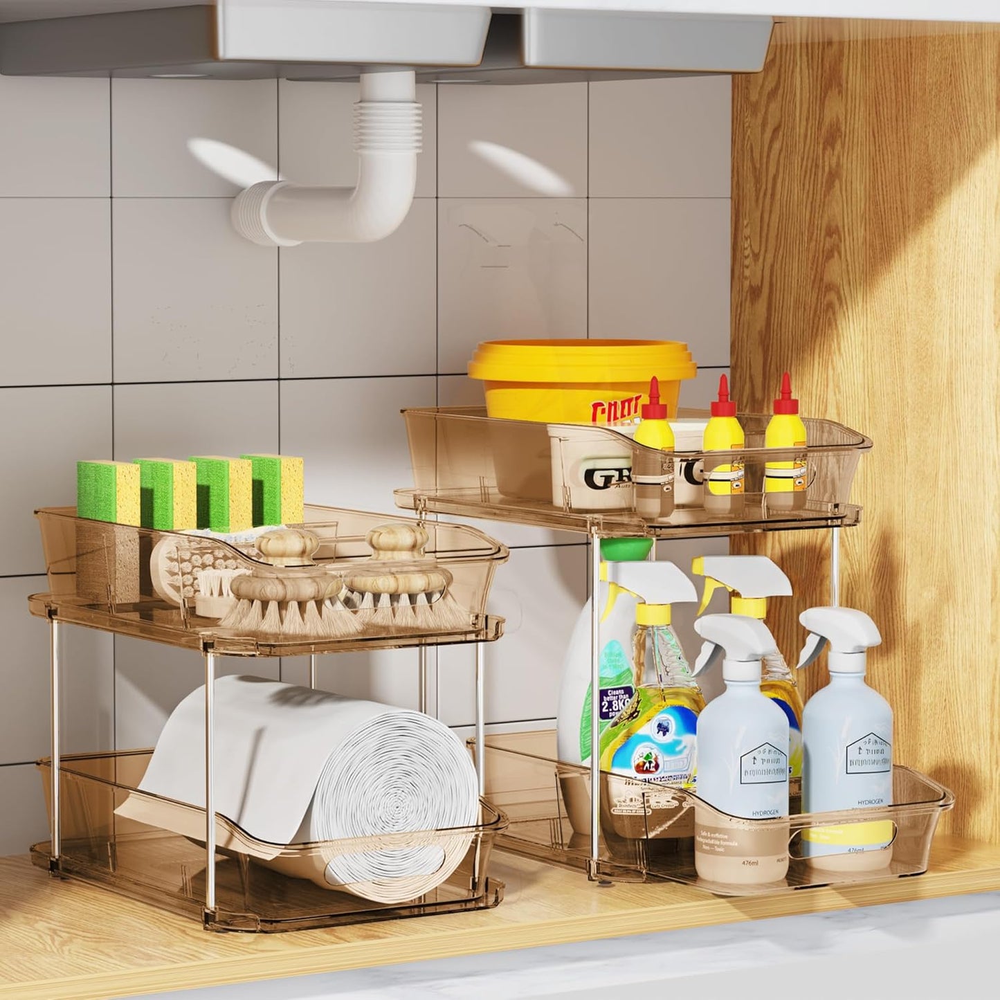 2 Sets of 2-Tier Clear under Sink Organizers and Storage, Multi-Purpose Stackable Bathroom Cabinet Organizers, Amber