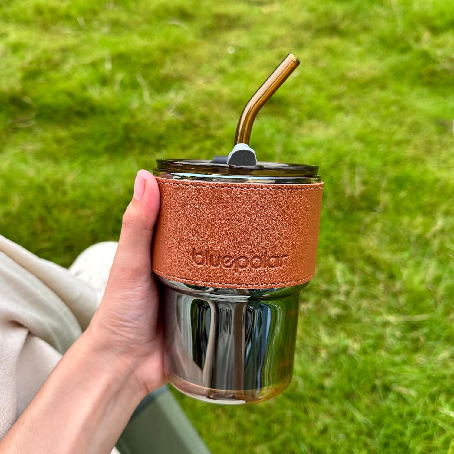 13Oz/400Ml Tumbler Water Glass, Cups with Straw and Lid Sealed Carry on for Coffee, Iced Tea, Thick Wall Insulated Glass Cup (Amberwith Protect Sleeve)